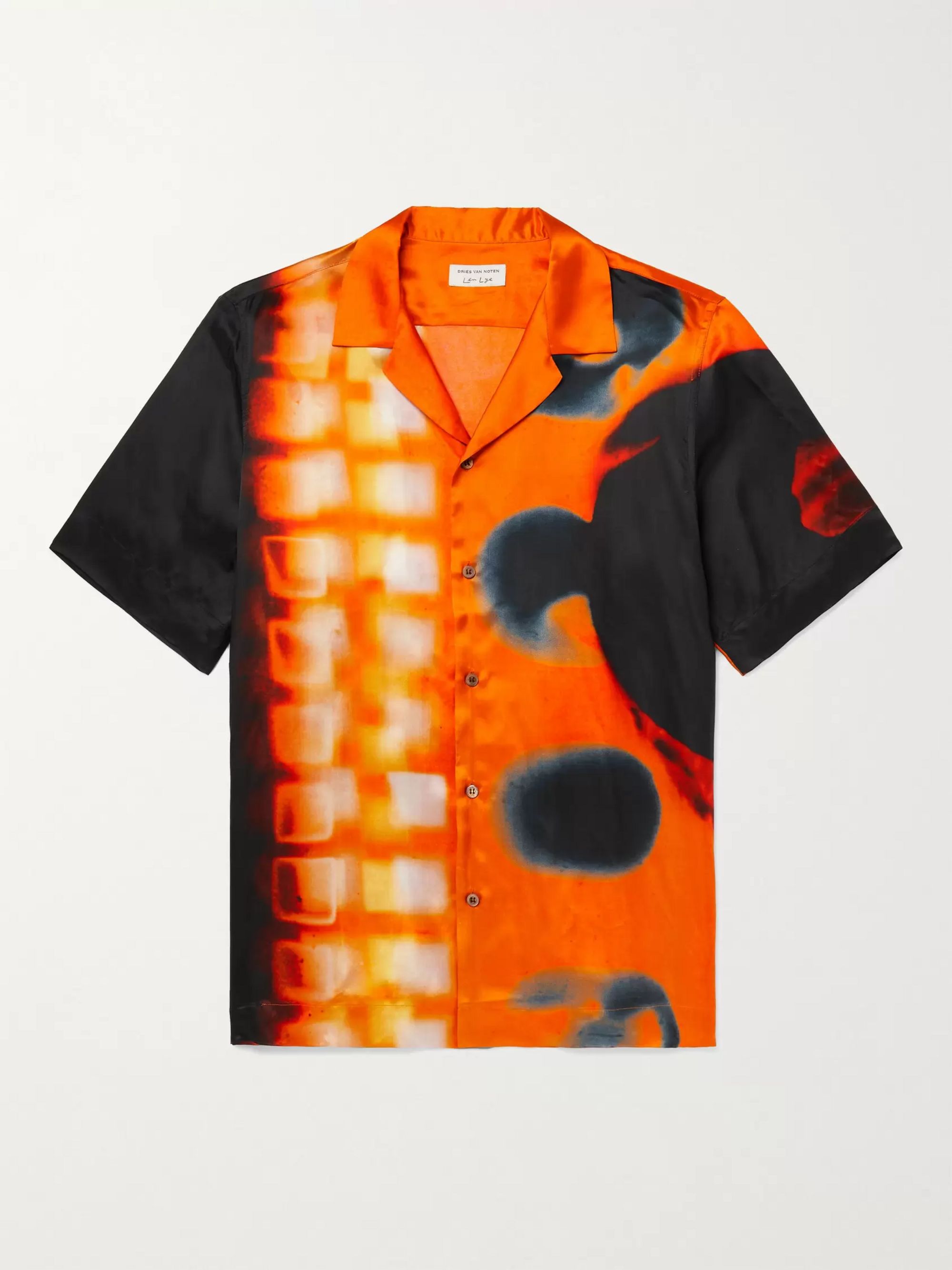 Len Lye Camp-Collar Printed Satin Shirt 