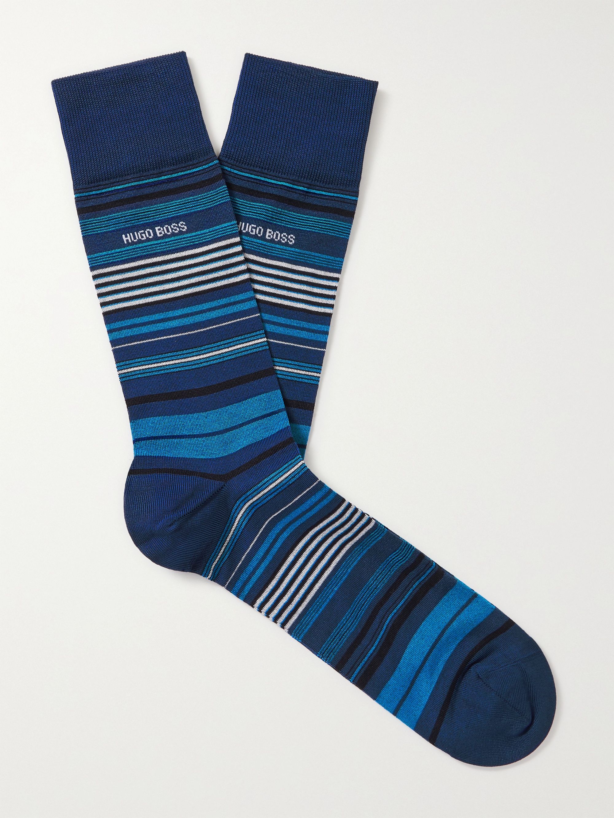 Blue Striped Mercerised Cotton-Blend Socks | HUGO BOSS | MR PORTER