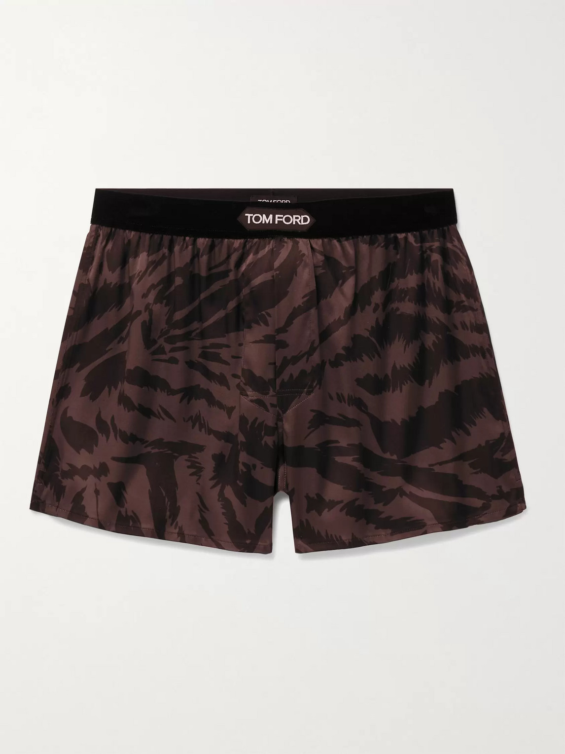 Tom Ford Velvet-trimmed Zebra-print Stretch-silk Satin Boxer Shorts In Brown