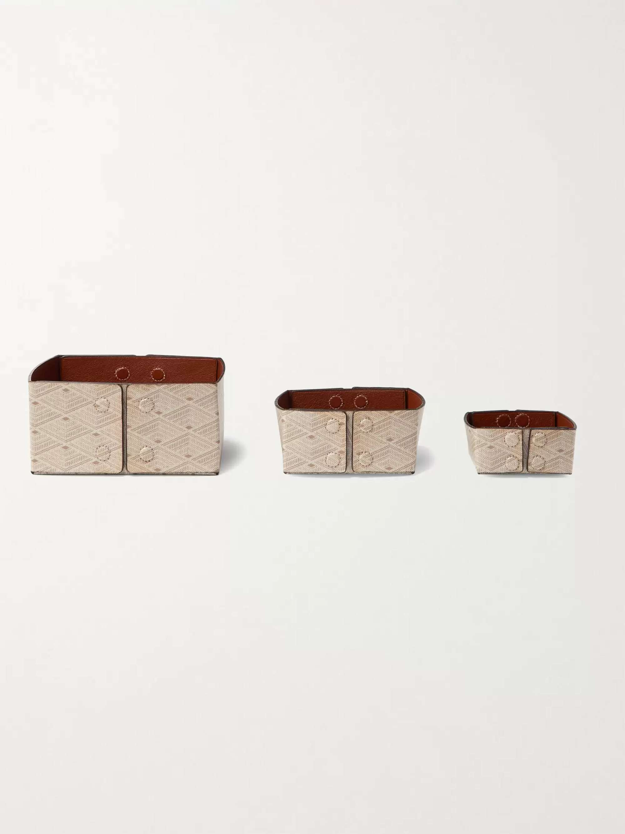 MÉTIER Set of Three Reversible Collapsible Printed Canvas and Leather Boxes