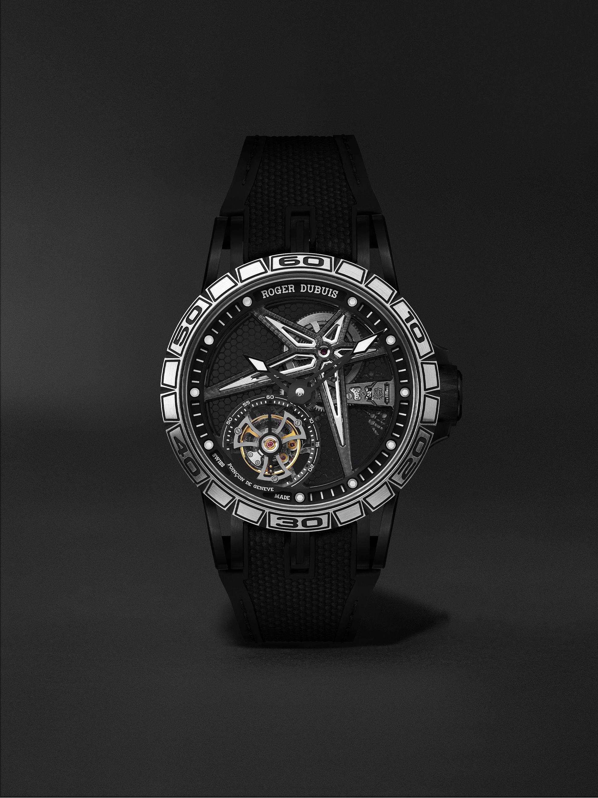 ROGER DUBUIS Excalibur Spider Black DLC Limited Edition Hand-Wound Flying Tourbillon 39mm Titanium and Rubber Watch, Ref. No. RDDBEX0815