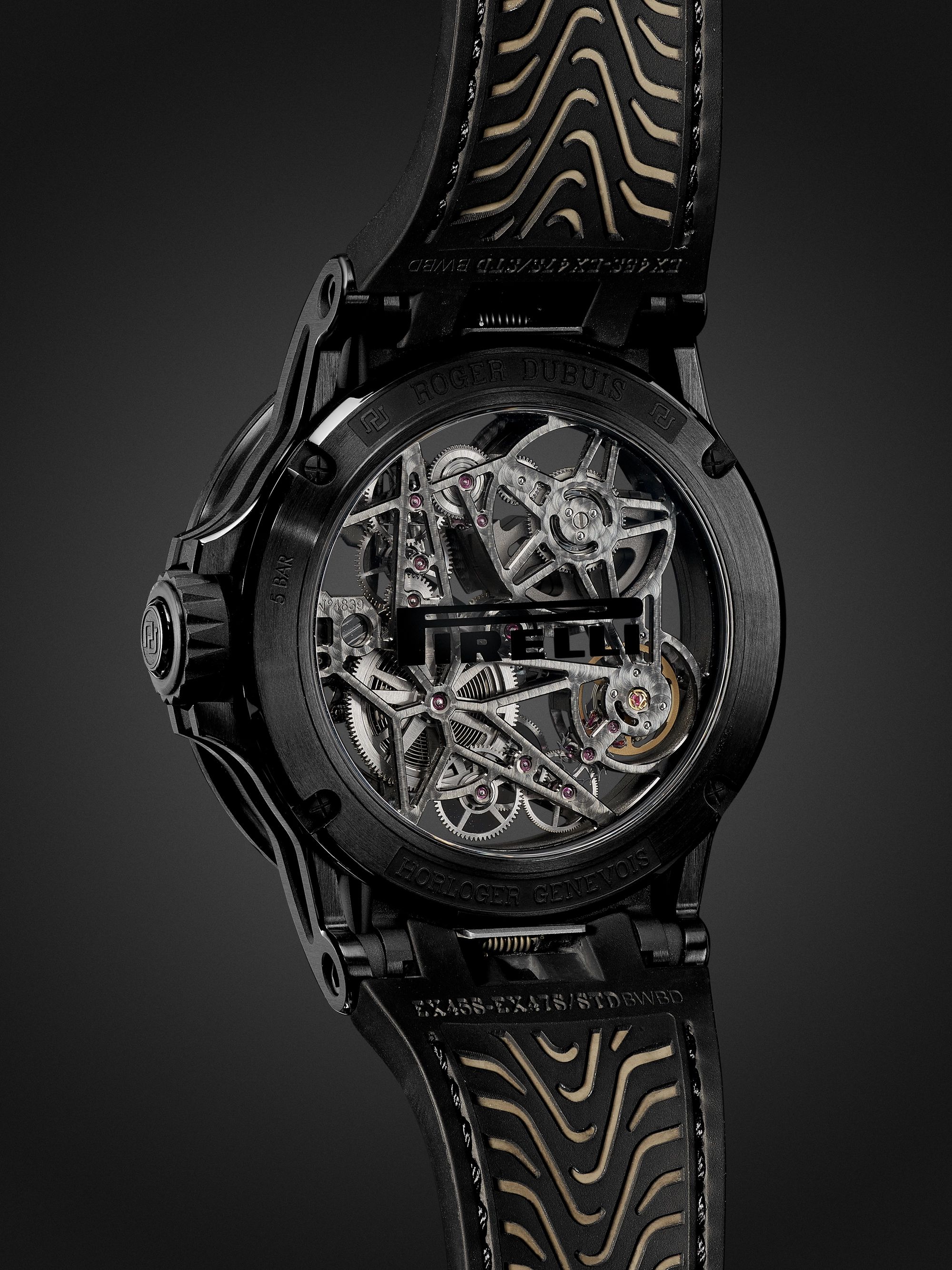 ROGER DUBUIS Excalibur Spider Pirelli Automatic Skeleton 45mm Black DLC-Coated Titanium and Rubber Watch, Ref. No. RDDBEX0826
