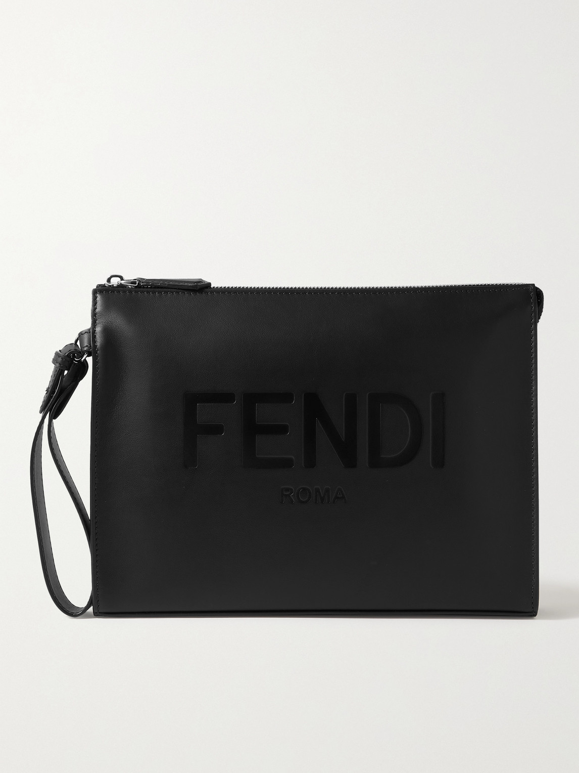 Fendi Flat Logo-debossed Leather Pouch In Black