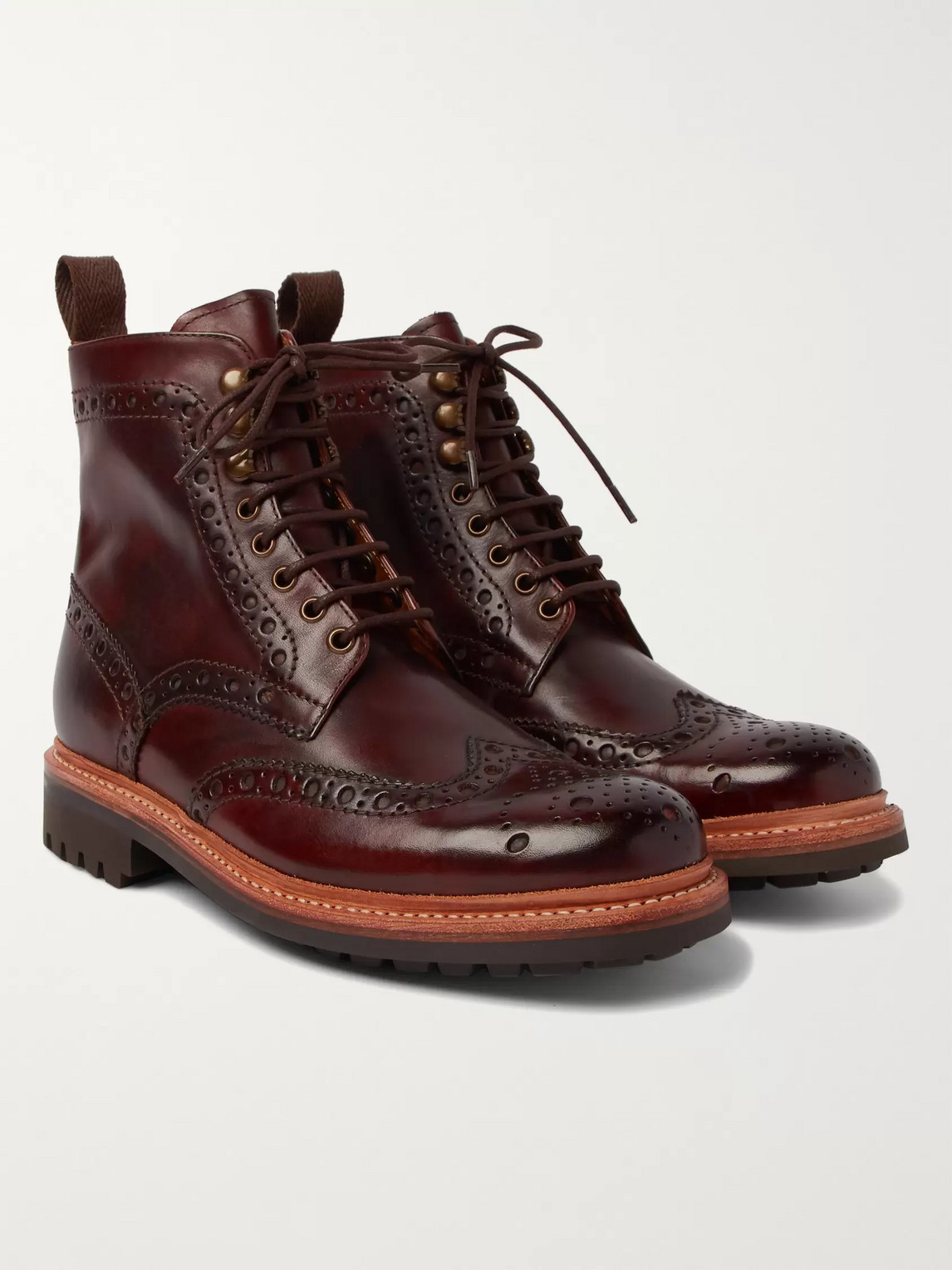 GRENSON FRED BURNISHED-LEATHER BROGUE BOOTS