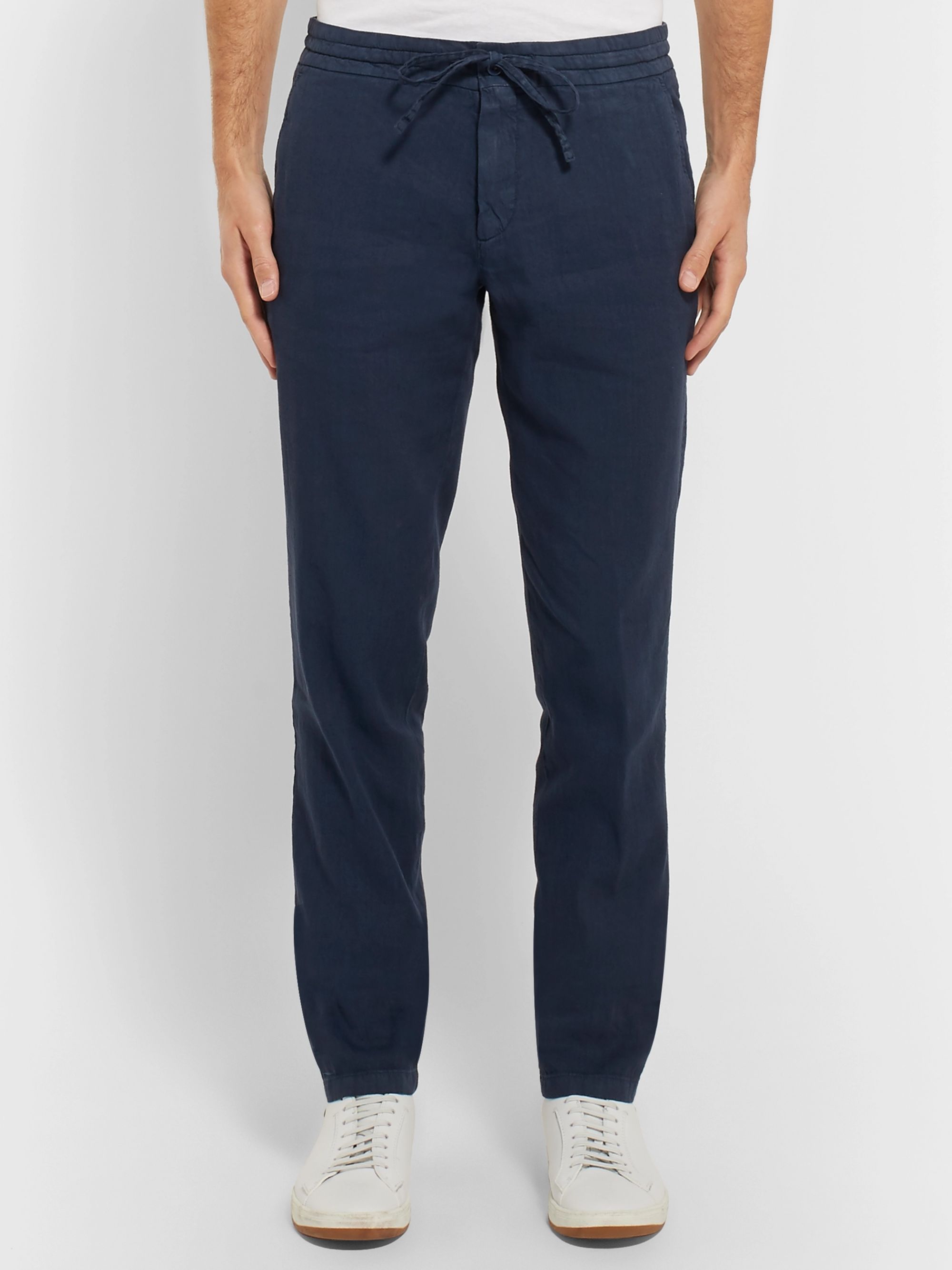 Navy Slim-Fit Stretch Linen and Cotton-Blend Drawstring Trousers | Loro ...
