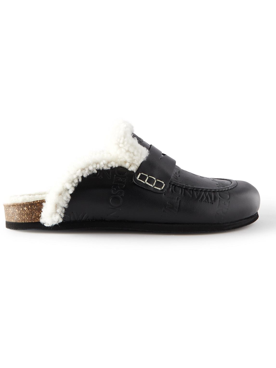 Shearling-Lined Logo-Debossed Leather Backless Penny Loafers
