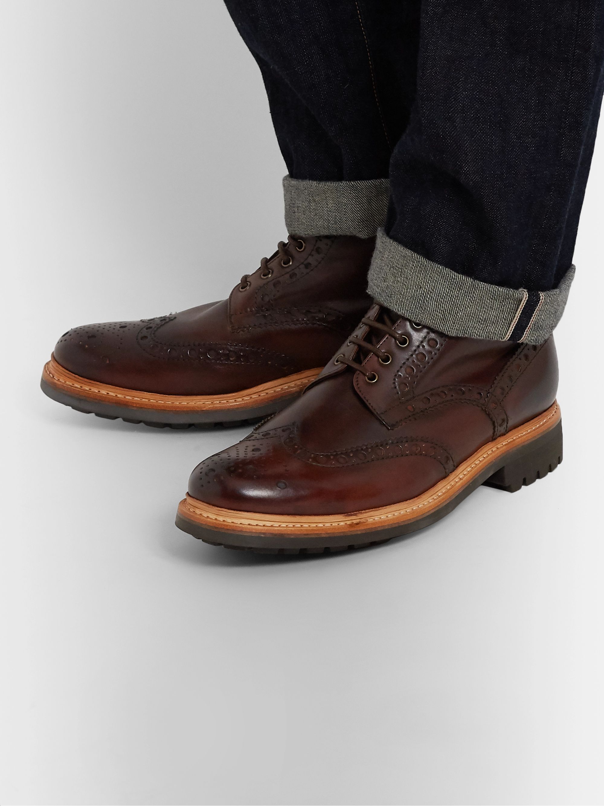 Tan Fred Burnished-Leather Brogue Boots 