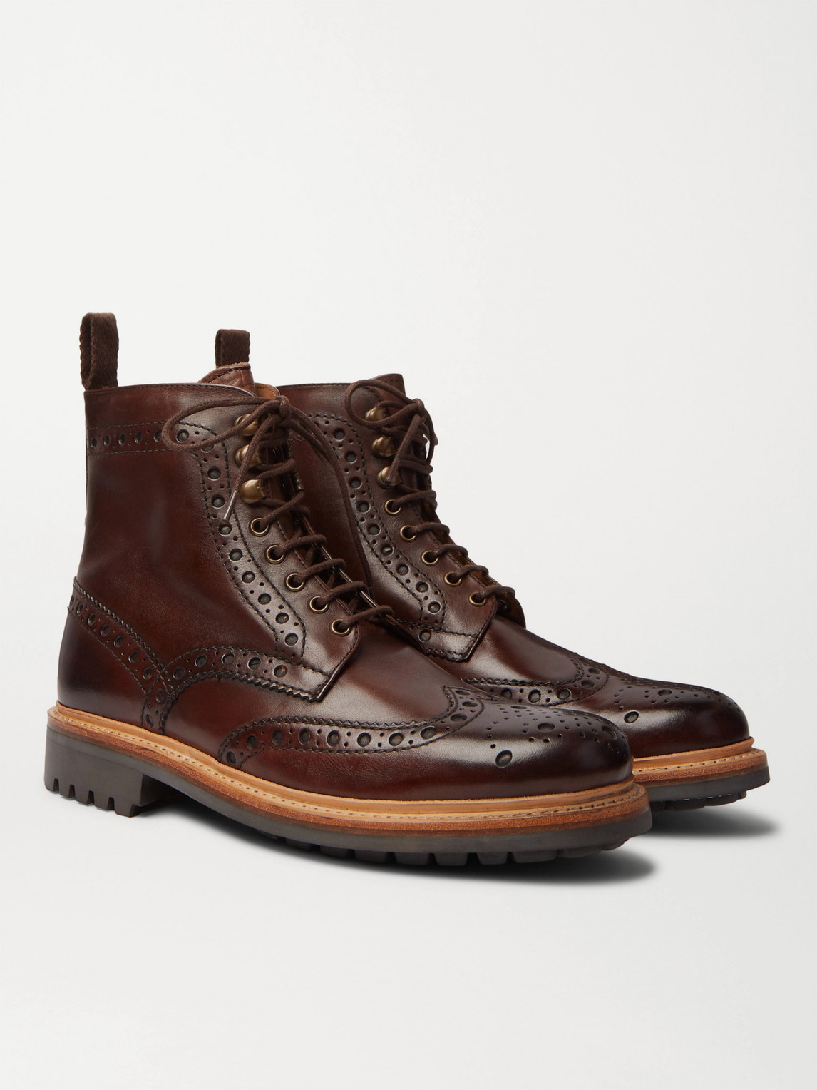 GRENSON FRED BURNISHED-LEATHER BROGUE BOOTS