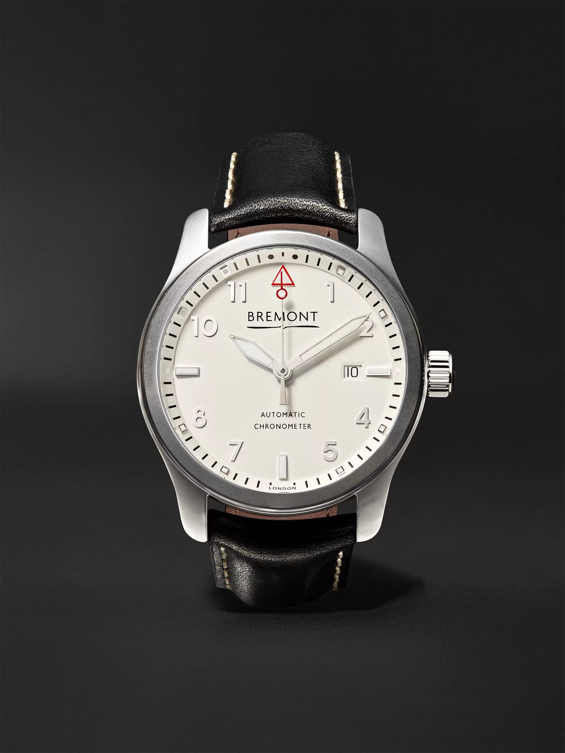 BREMONT SOLO POLISHED WHITE AUTOMATIC 43MM STAINLESS STEEL AND LEATHER WATCH, REF. SOLO43-P-WH-R-S
