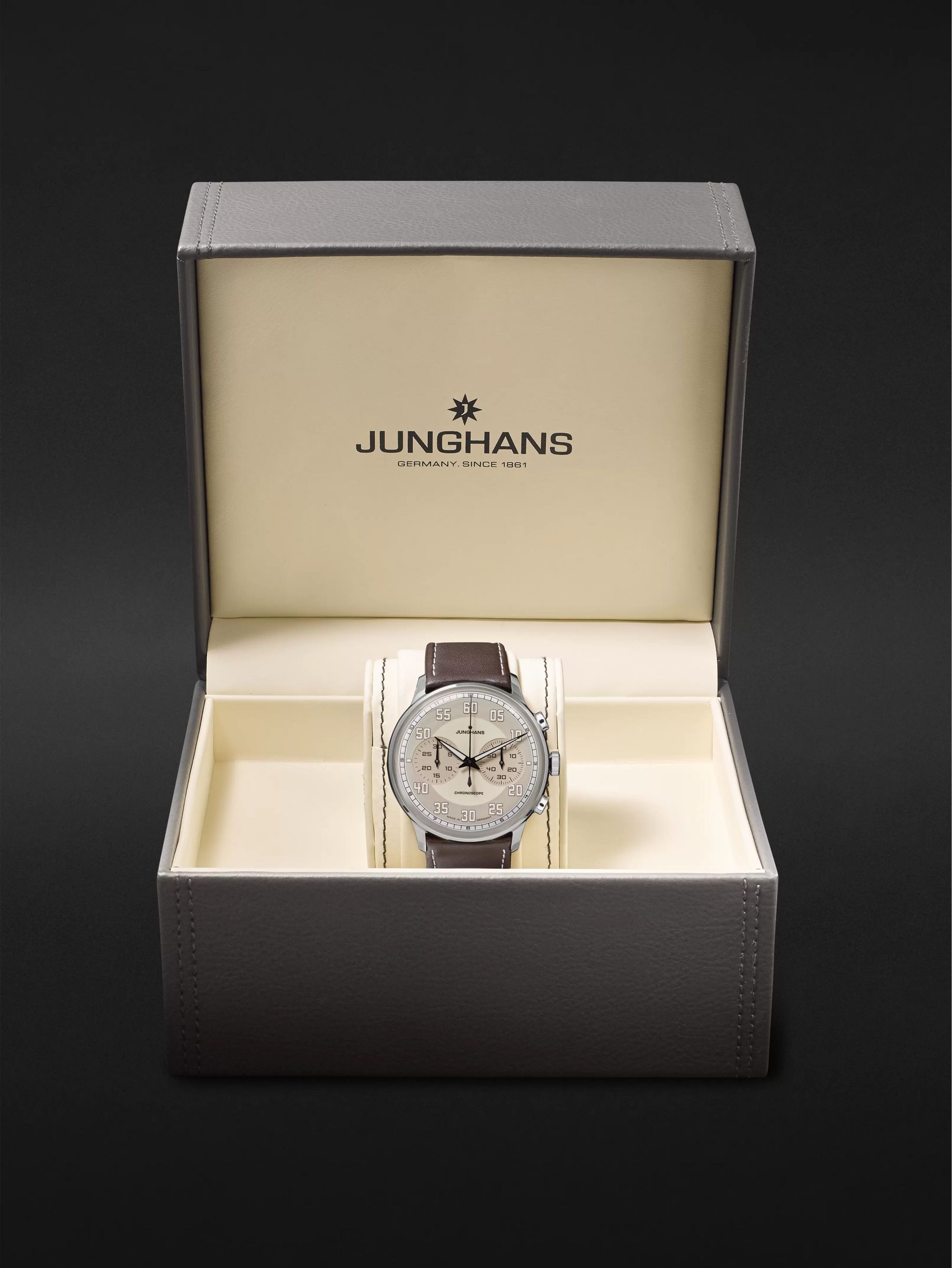 JUNGHANS Meister Driver Automatic Chronoscope 40mm Stainless Steel and Leather Watch, Ref. No. 027/3684.00