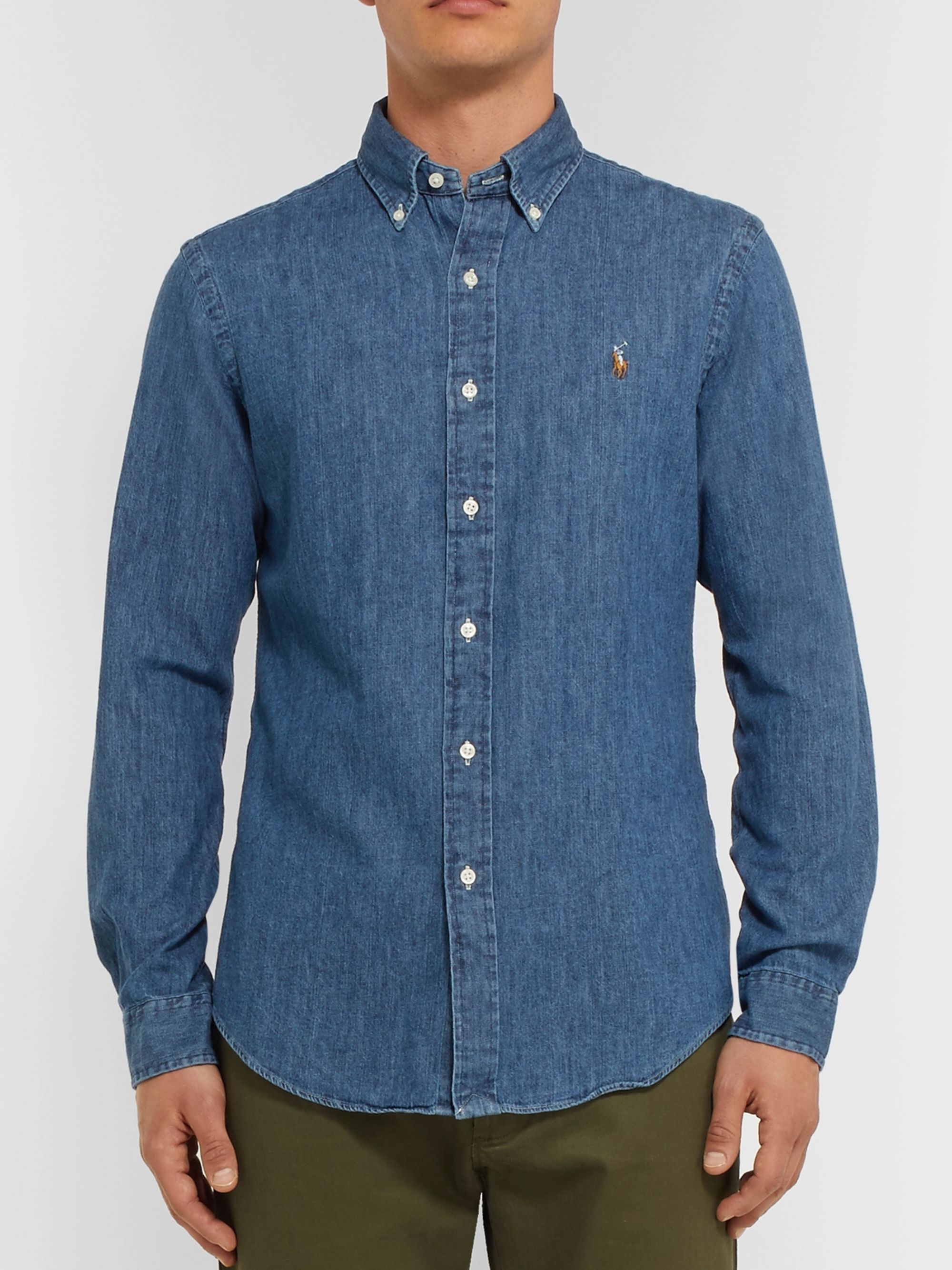 Mid denim Slim-Fit Washed Cotton-Chambray Shirt | Polo Ralph Lauren ...