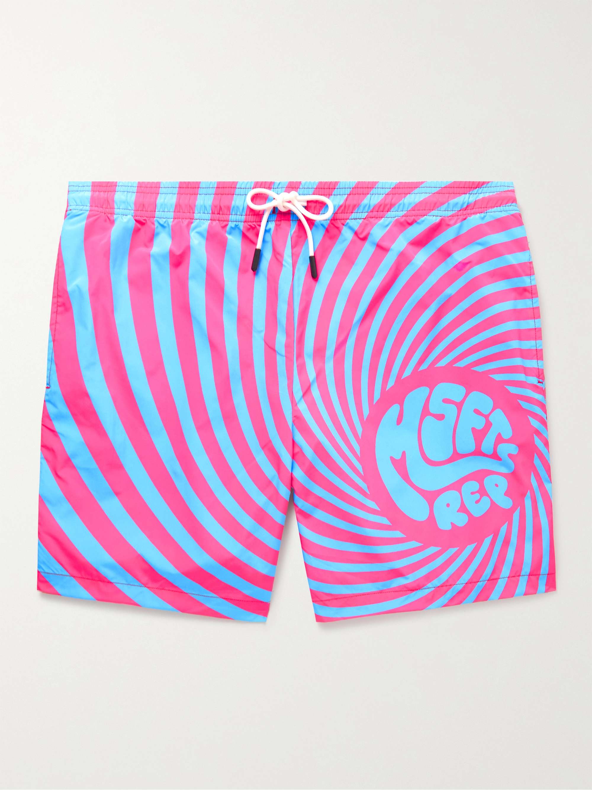 MSFTSREP Slim-Fit Mid-Length Striped Logo-Print Swim Shorts