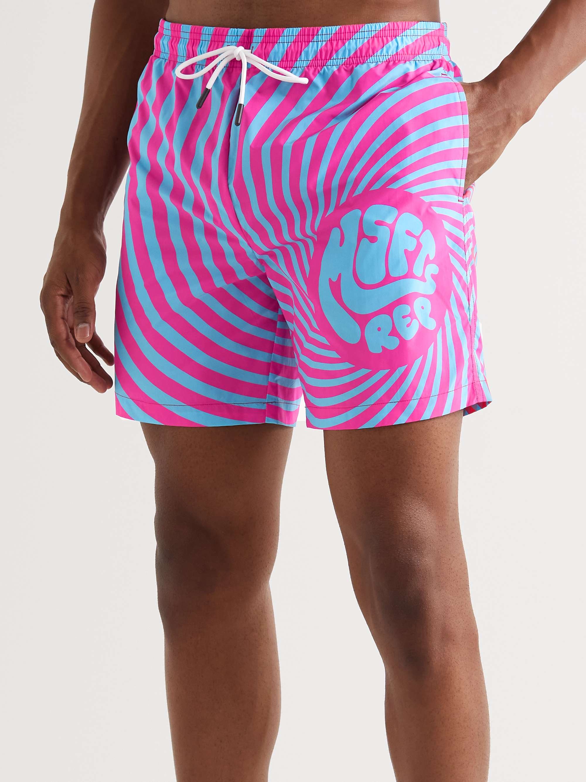 MSFTSREP Slim-Fit Mid-Length Striped Logo-Print Swim Shorts
