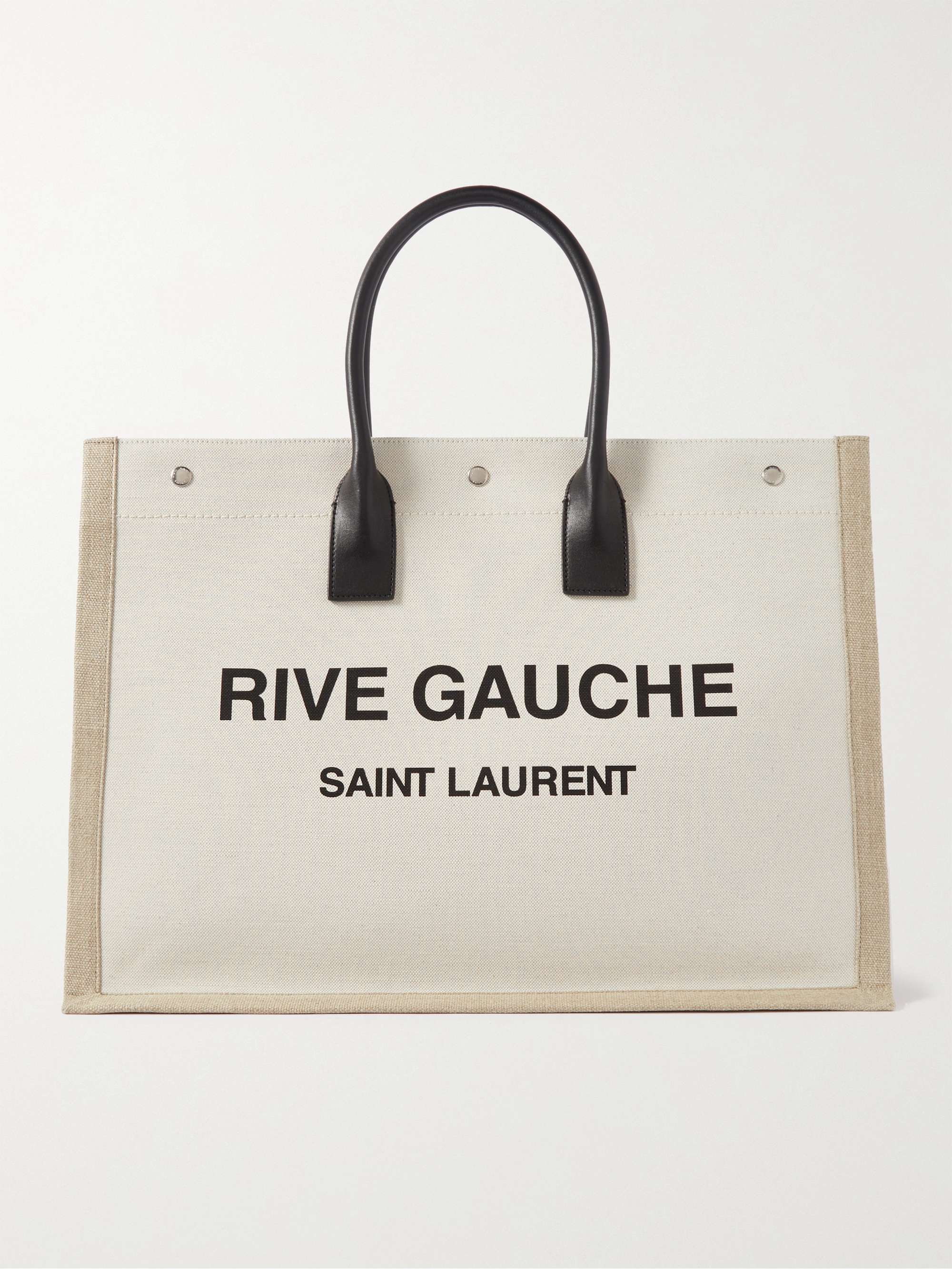 SAINT LAURENT Leather-Trimmed Logo-Print Linen and Cotton-Blend Canvas Tote Bag