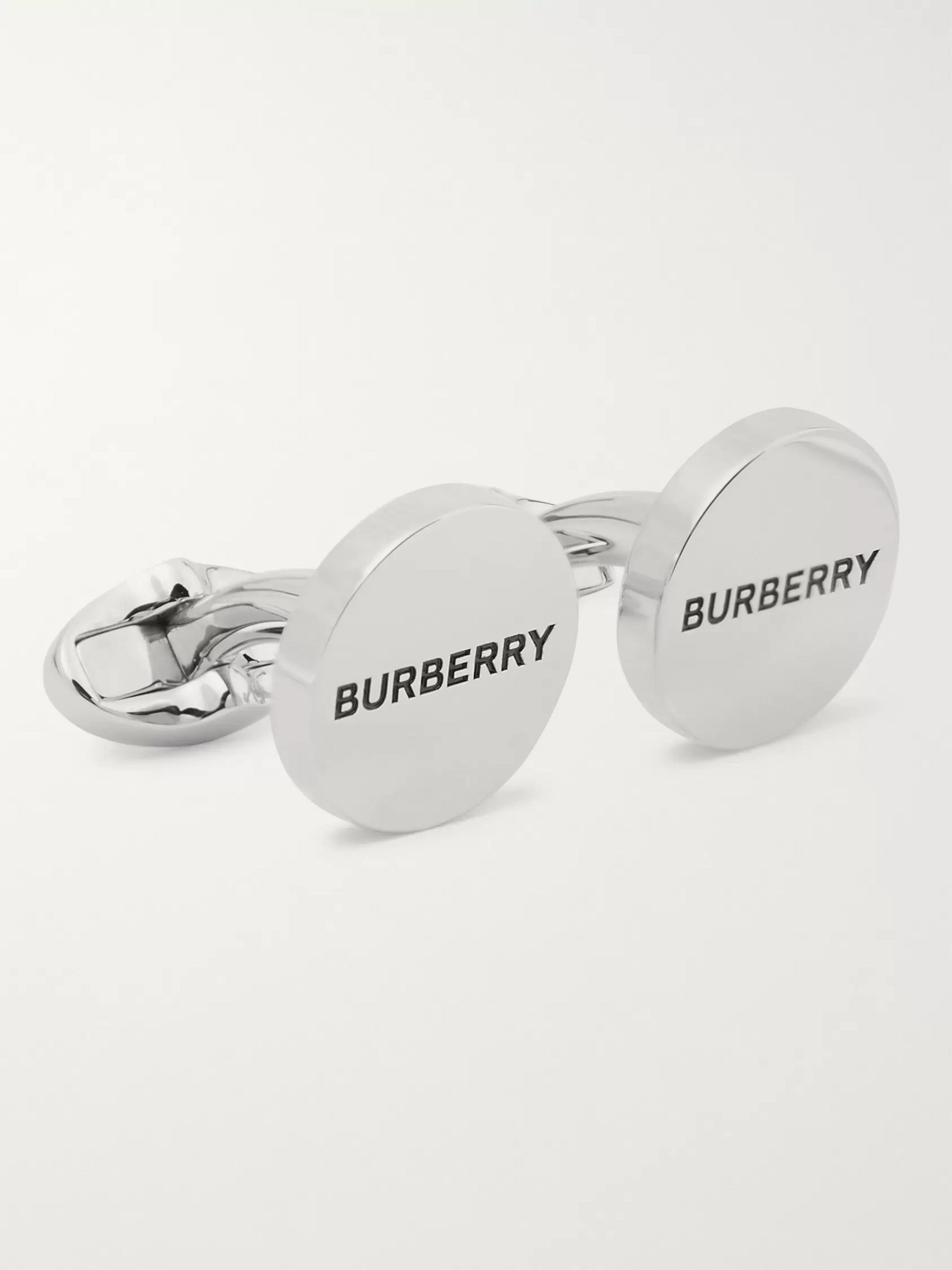 Silver Logo-Engraved Silver-Plated and Enamel Cufflinks | Burberry ...