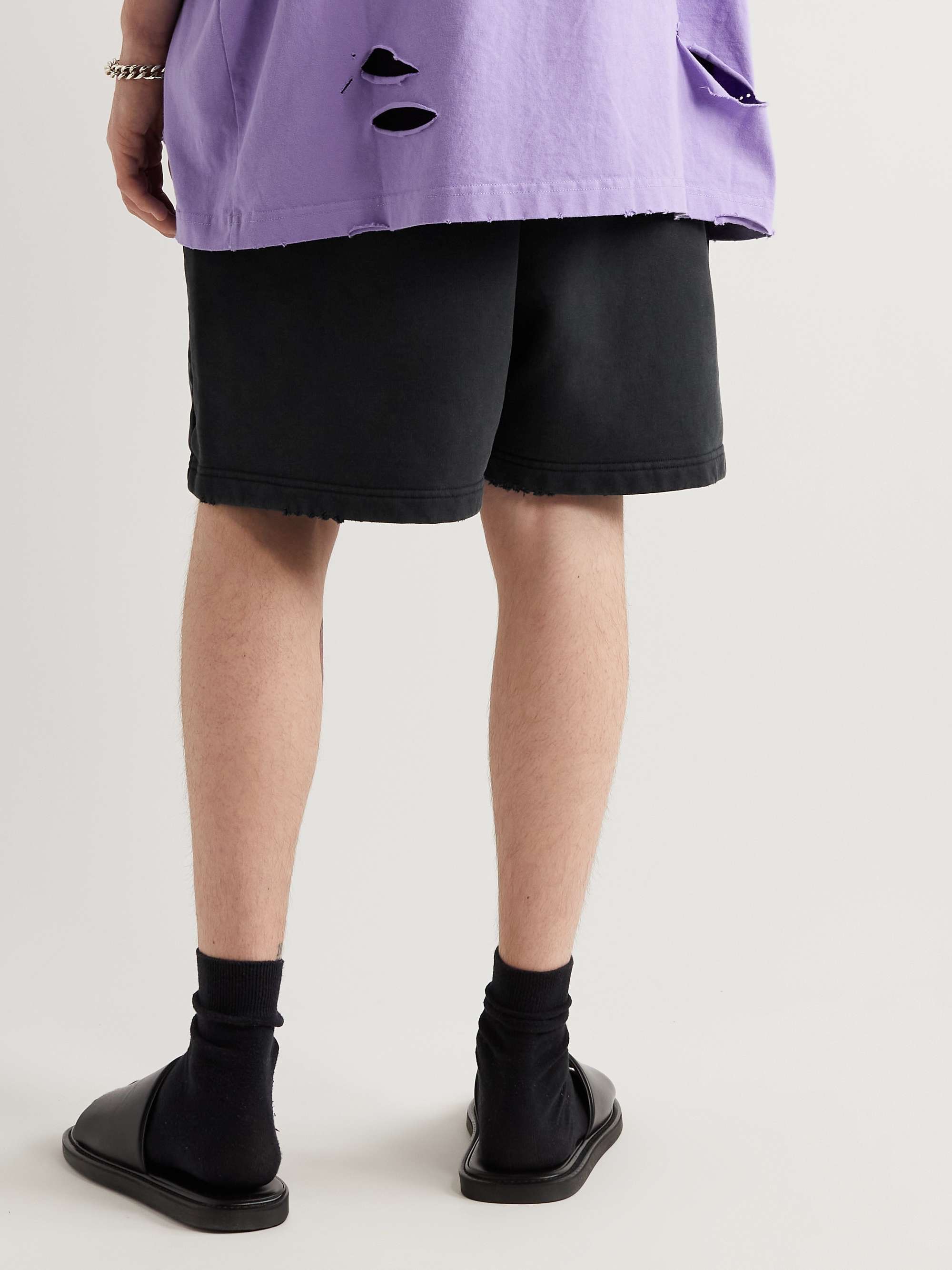 BALENCIAGA Wide-Leg Logo-Embroidered Distressed Cotton-Jersey Shorts