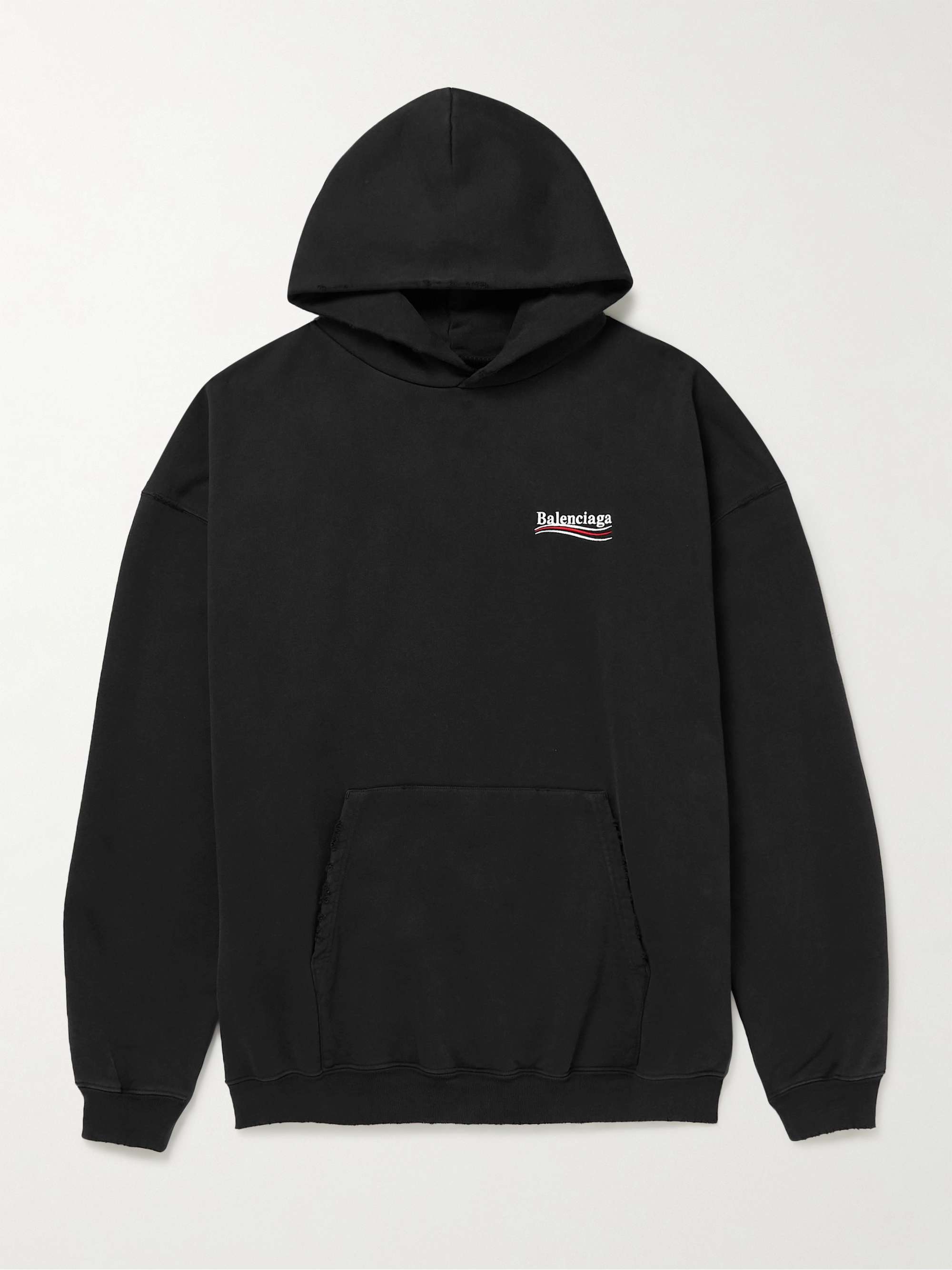 BALENCIAGA Oversized Distressed Logo-Embroidered Cotton-Jersey Hoodie