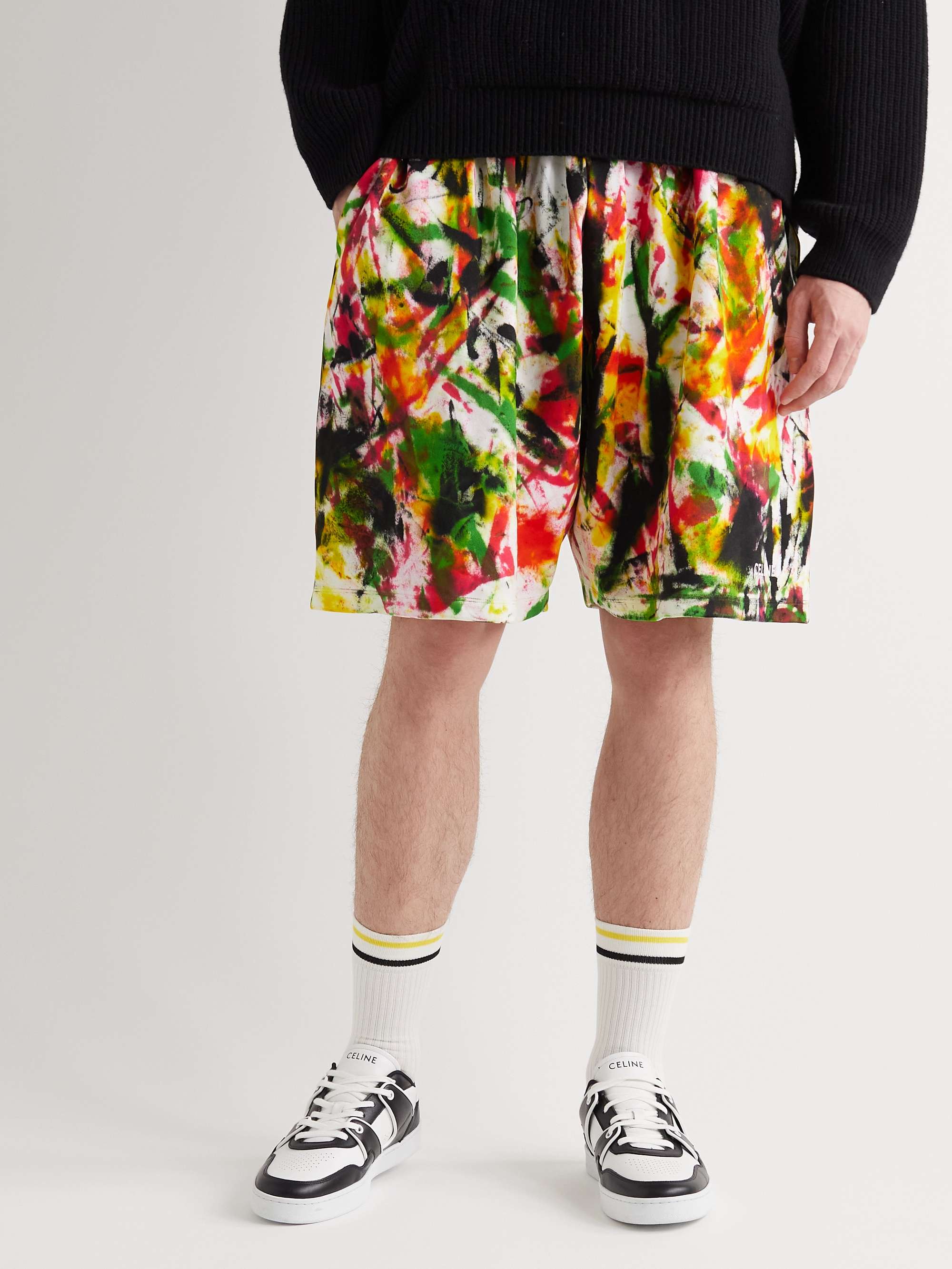 CELINE HOMME Wide-Leg Logo-Print Tie-Dyed Cotton-Jersey Drawstring Shorts