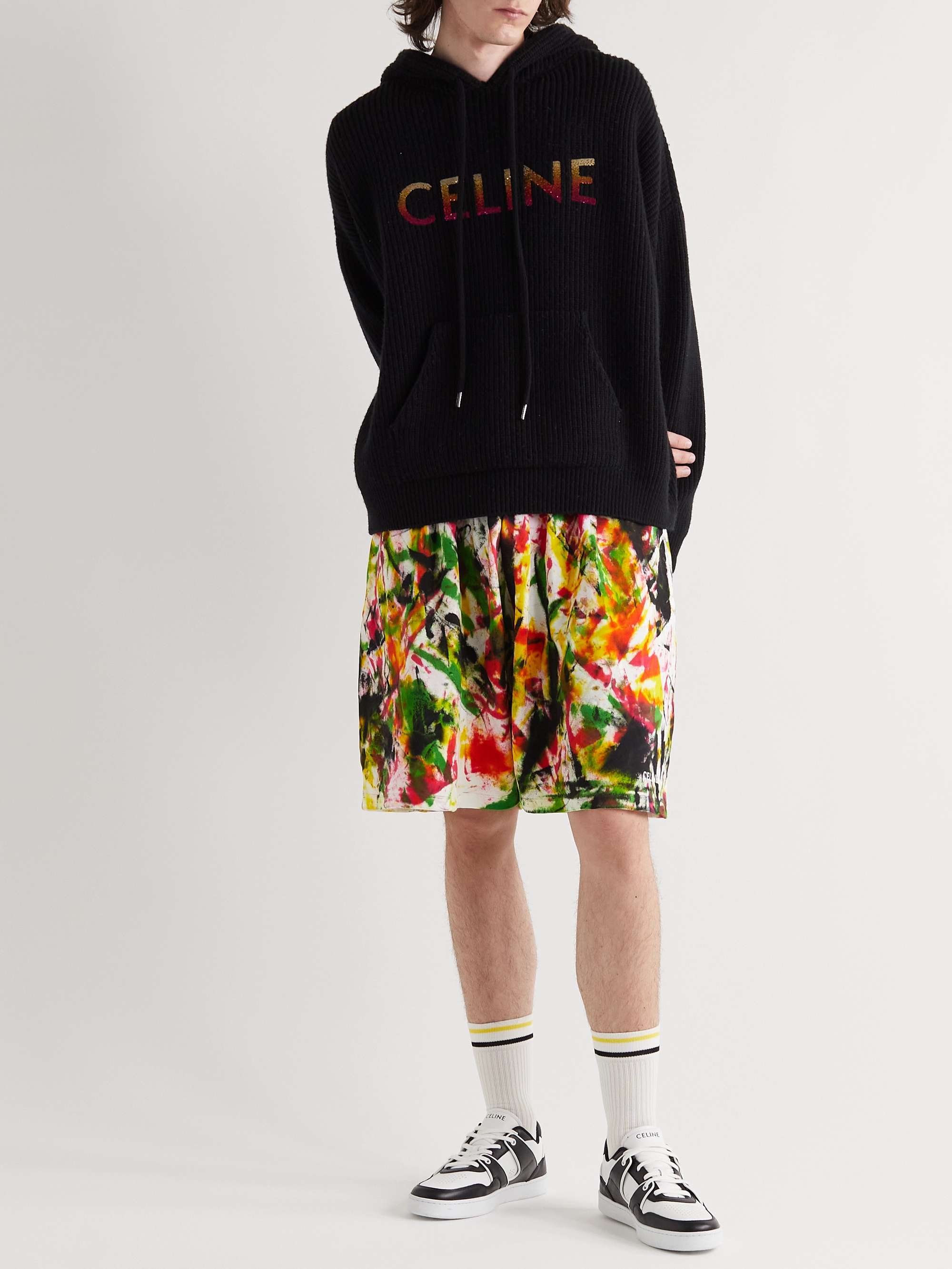 CELINE HOMME Wide-Leg Logo-Print Tie-Dyed Cotton-Jersey Drawstring Shorts