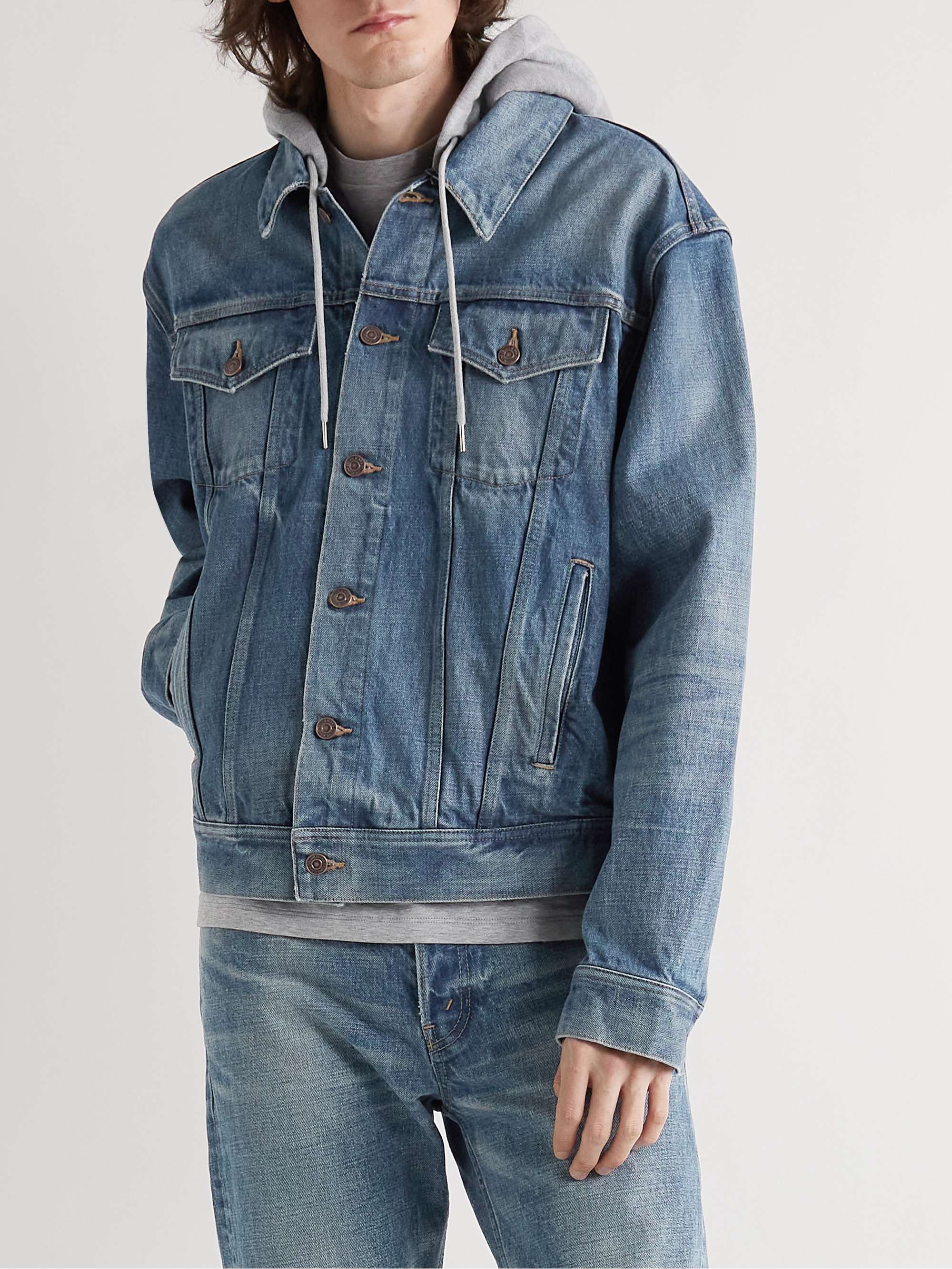 CELINE HOMME Layered Logo-Print Cotton-Jersey and Denim Hooded Jacket