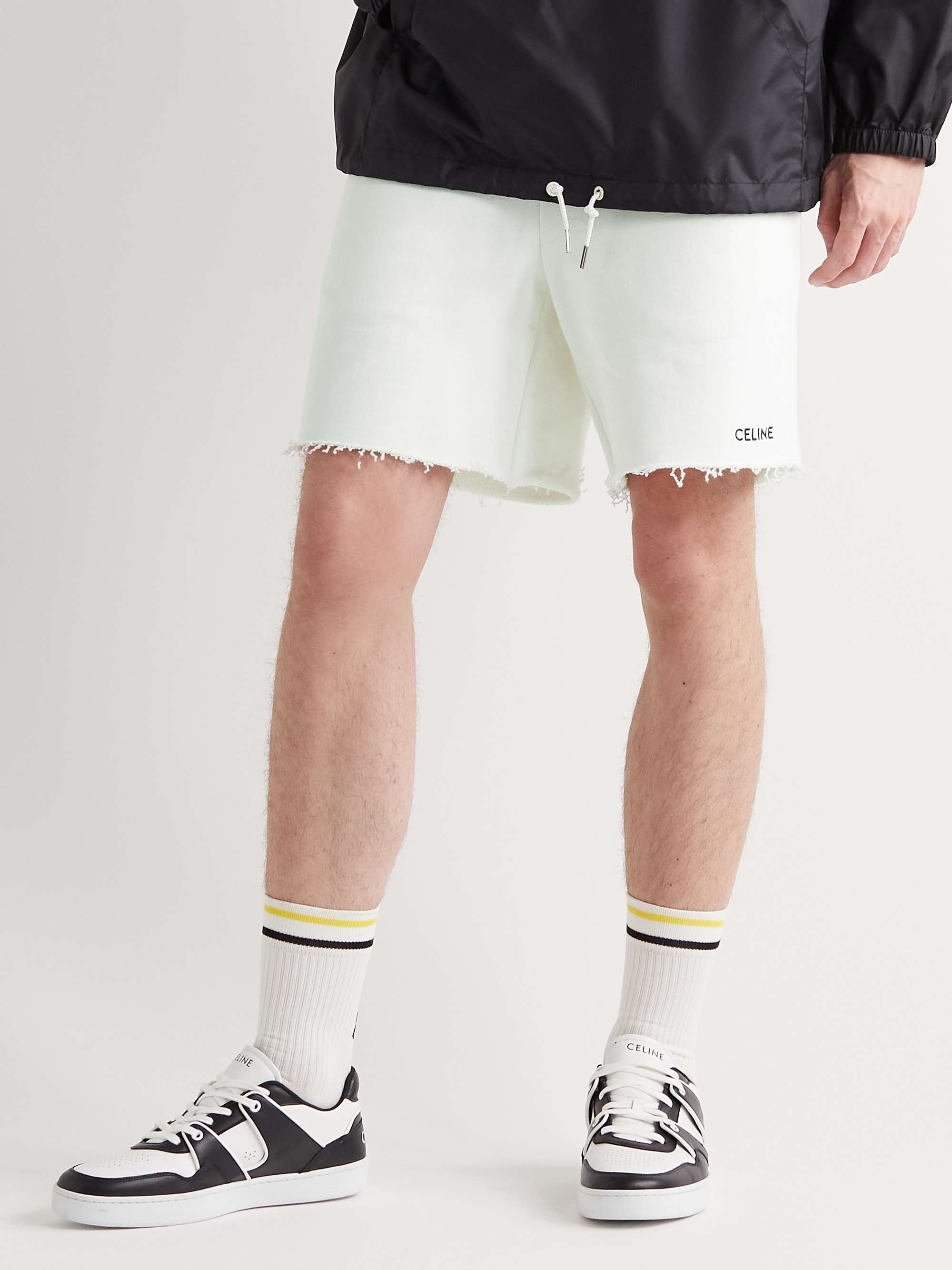 CELINE HOMME Wide-Leg Distressed Logo-Print Cotton-Jersey Drawstring Shorts