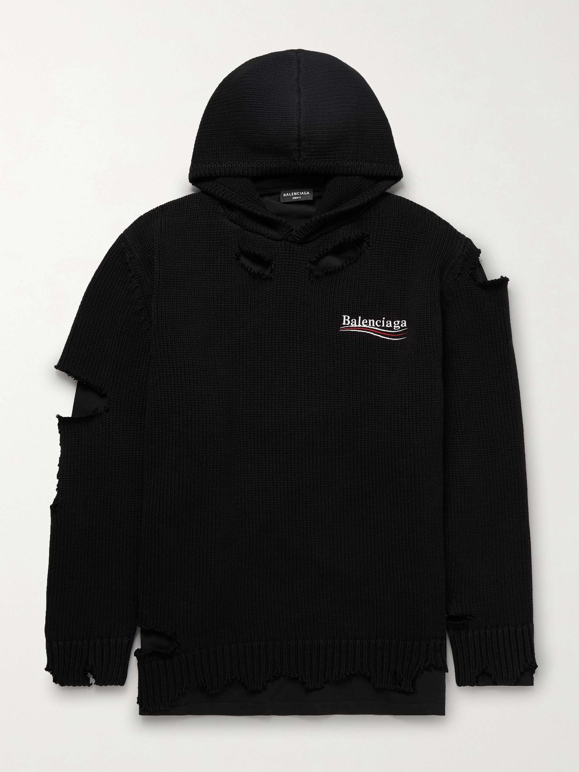 BALENCIAGA Oversized Layered Distressed Logo-Embroidered Cotton Hoodie