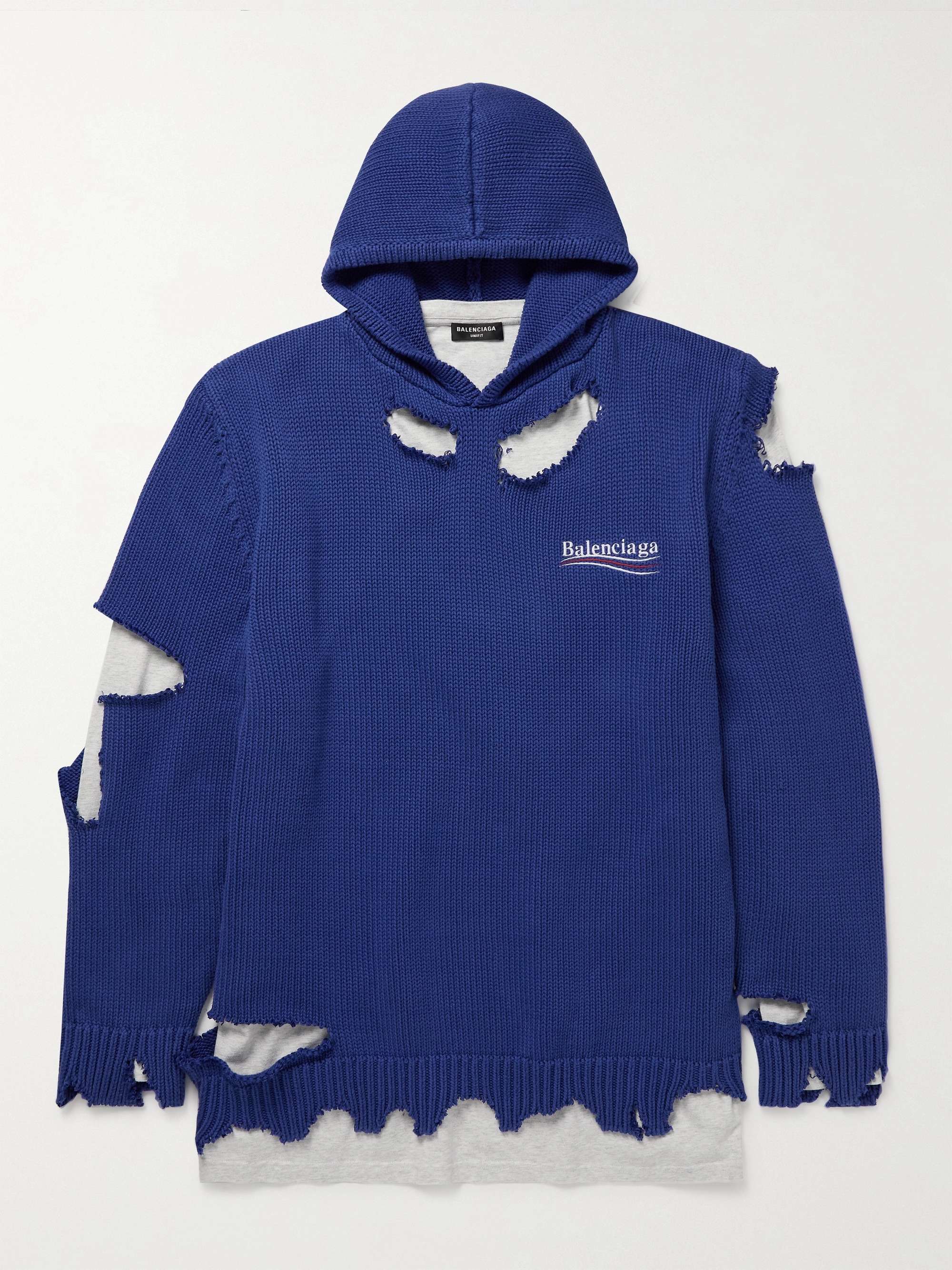 BALENCIAGA Oversized Layered Distressed Logo-Embroidered Cotton Hoodie