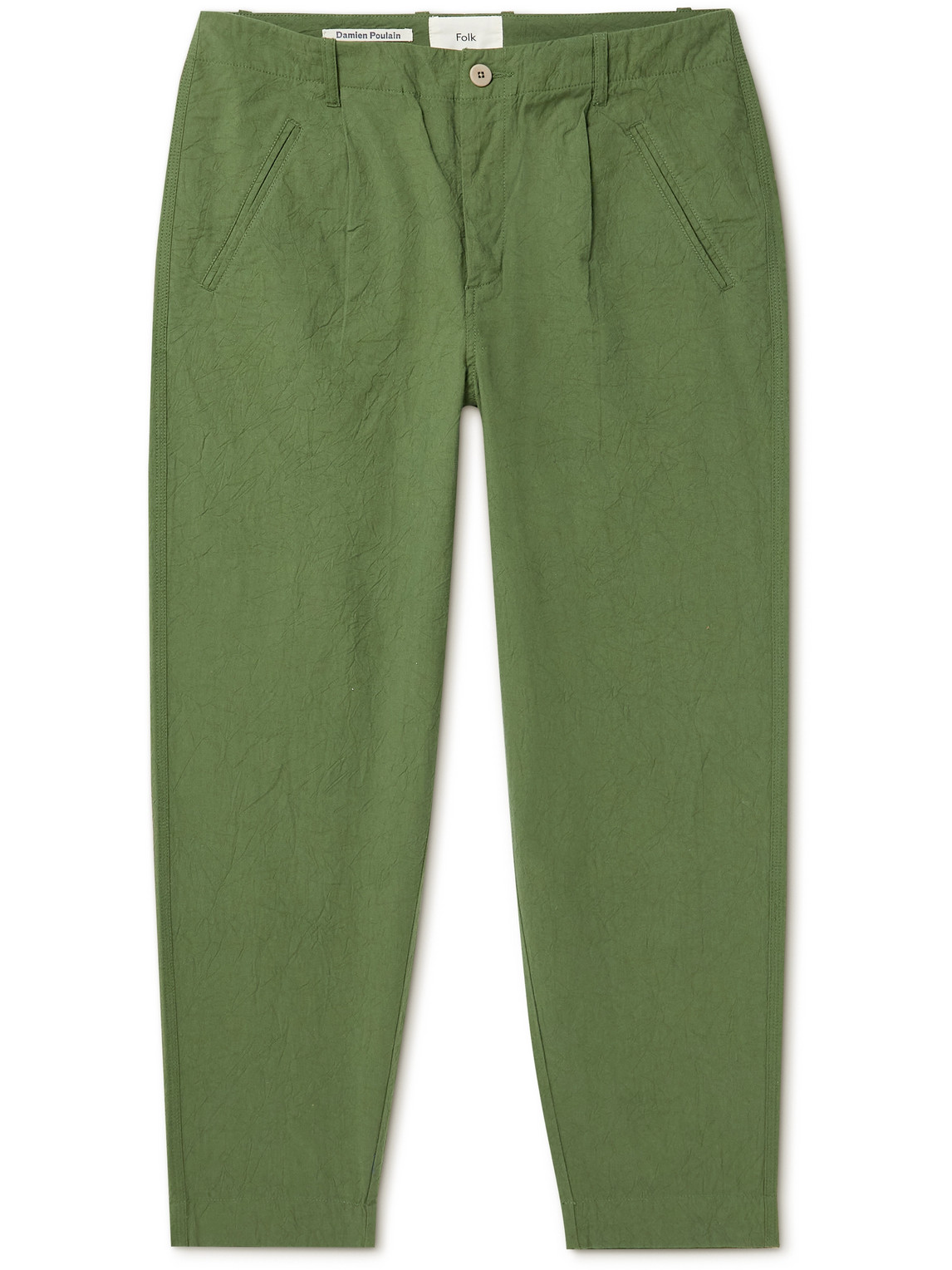 Folk Damien Poulain Assembly Tapered Crinkled-cotton Trousers In Green