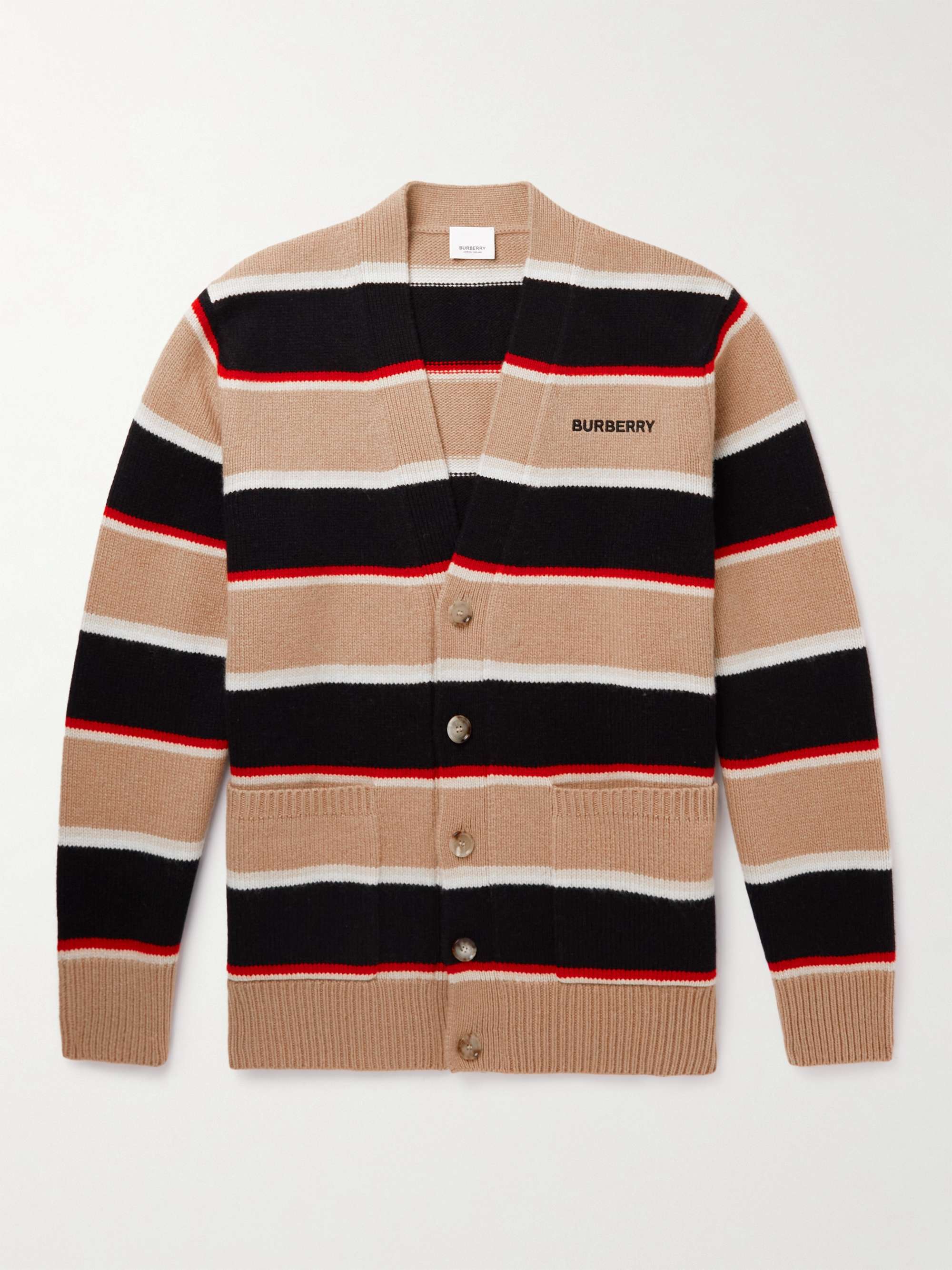 BURBERRY Logo-Embroidered Striped Wool and Cashmere-Blend Cardigan