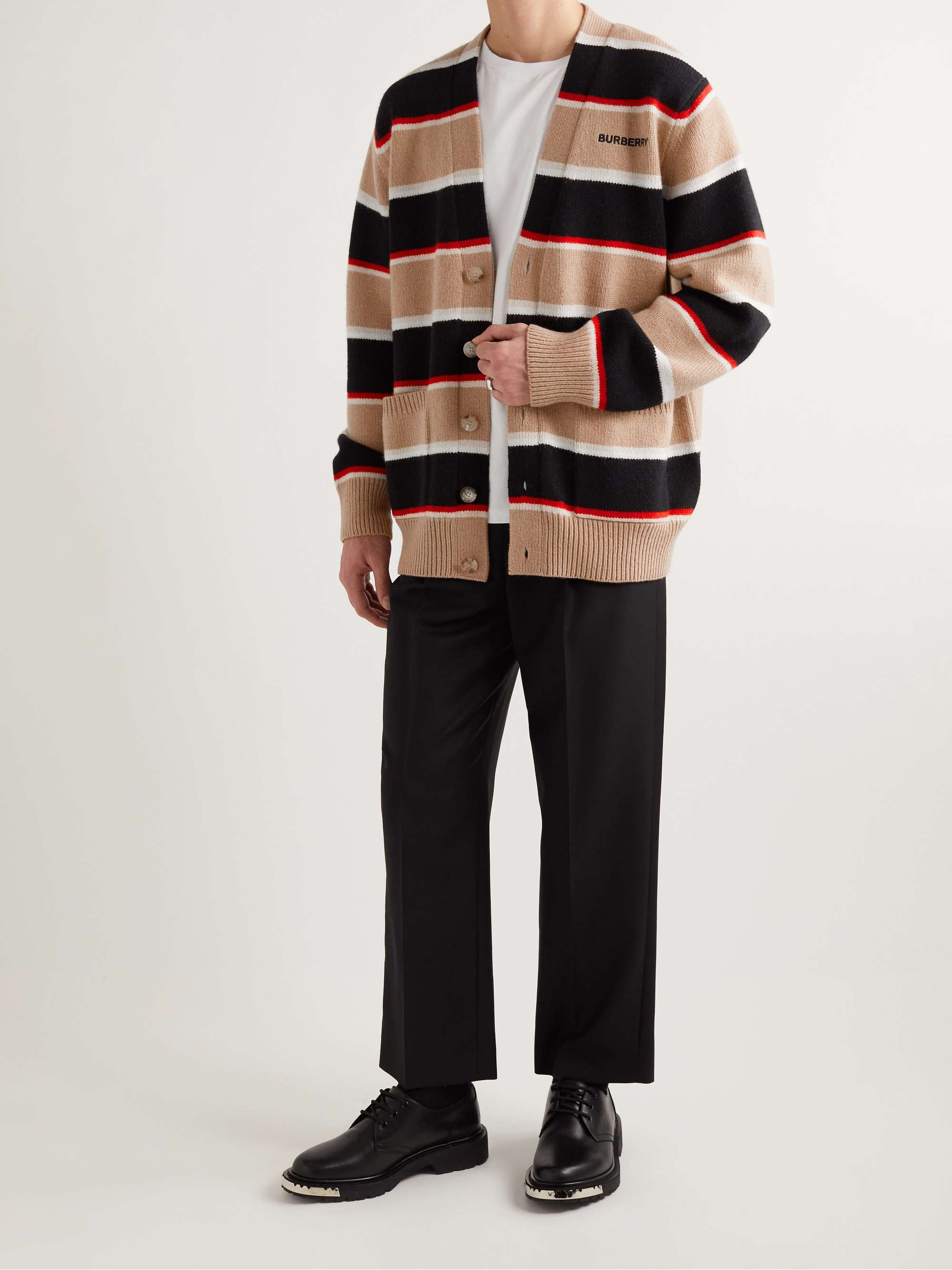 Burberry Logo-embroidered Striped Wool And Cashmere-blend Cardigan in Brown Mens Sweaters and knitwear Burberry Sweaters and knitwear for Men Black 