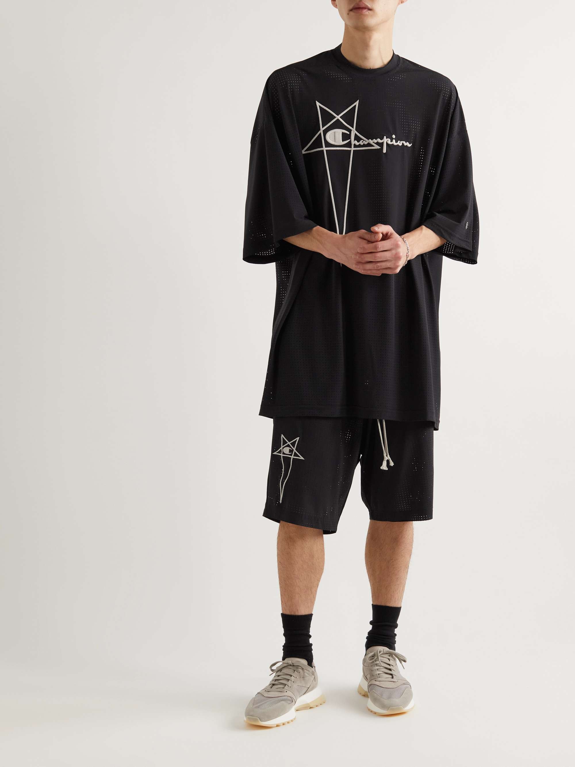 RICK OWENS + Champion Tommy Logo-Embroidered Recycled Stretch-Mesh T-Shirt