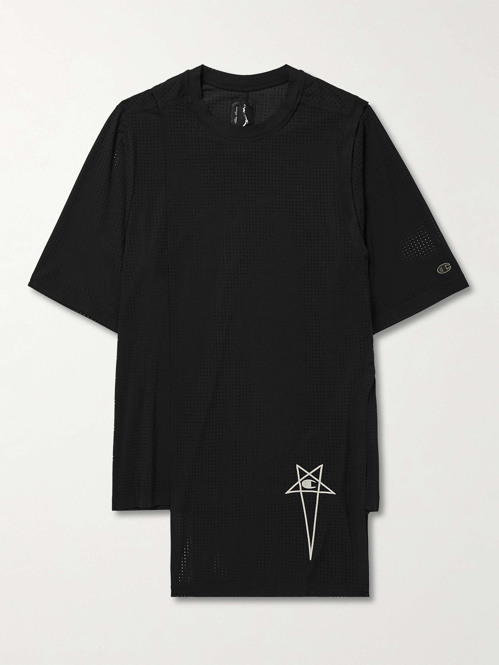 RICK OWENS + Champion Toga Logo-Embroidered Layered Recycled Stretch-Mesh T-Shirt