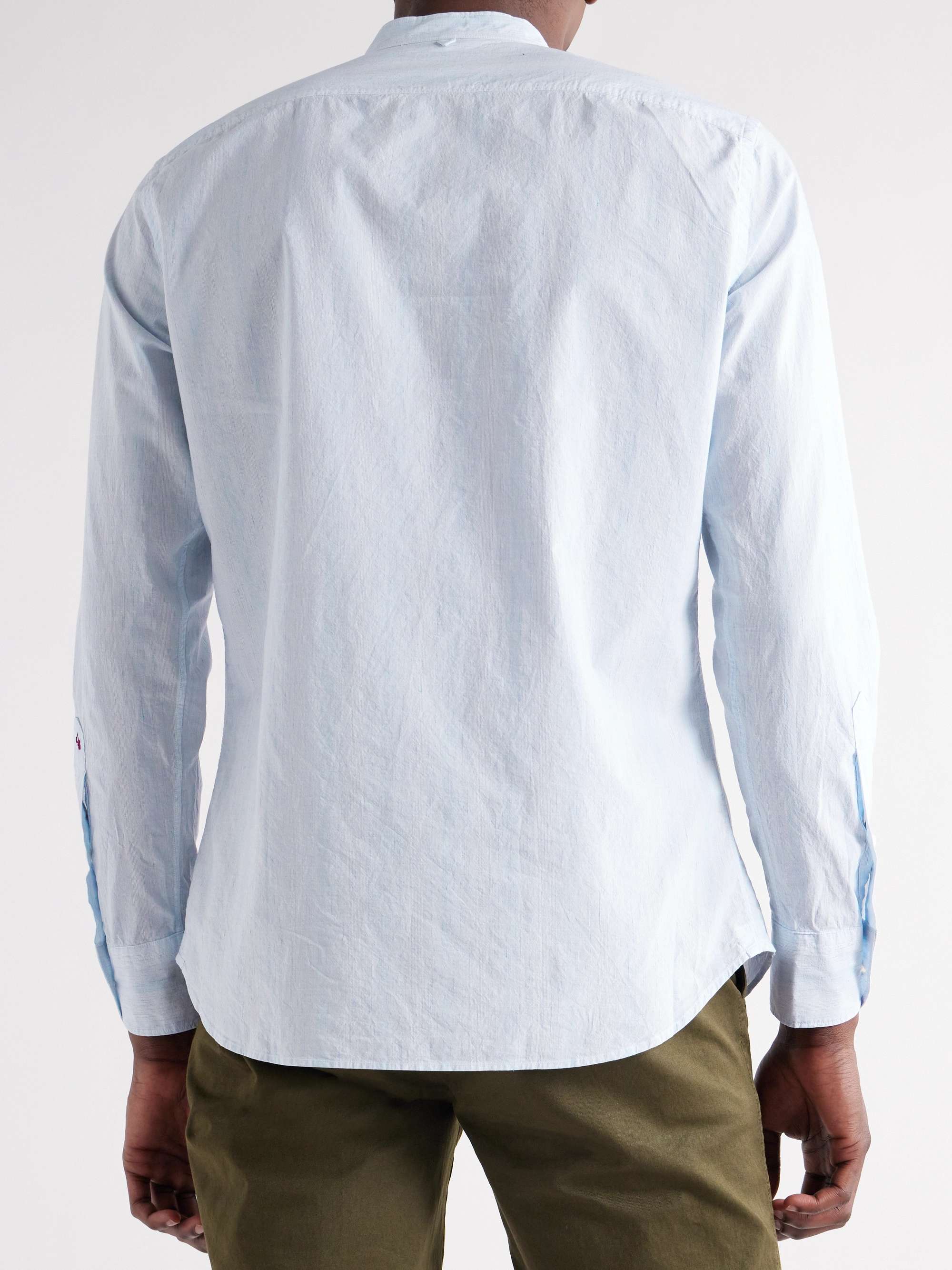 INCOTEX Glanshirt Grandad-Collar Striped Cotton and Linen-Blend Shirt