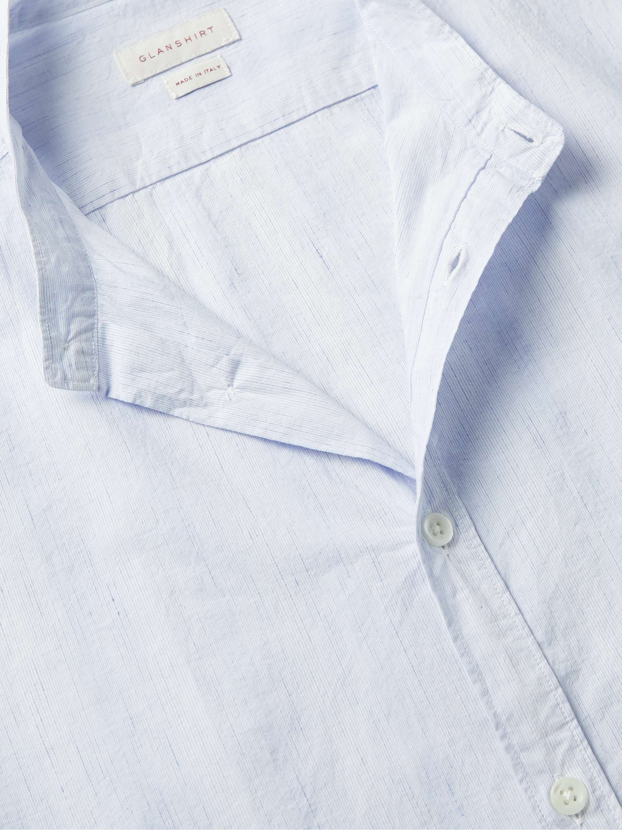 INCOTEX Glanshirt Grandad-Collar Striped Cotton and Linen-Blend Shirt