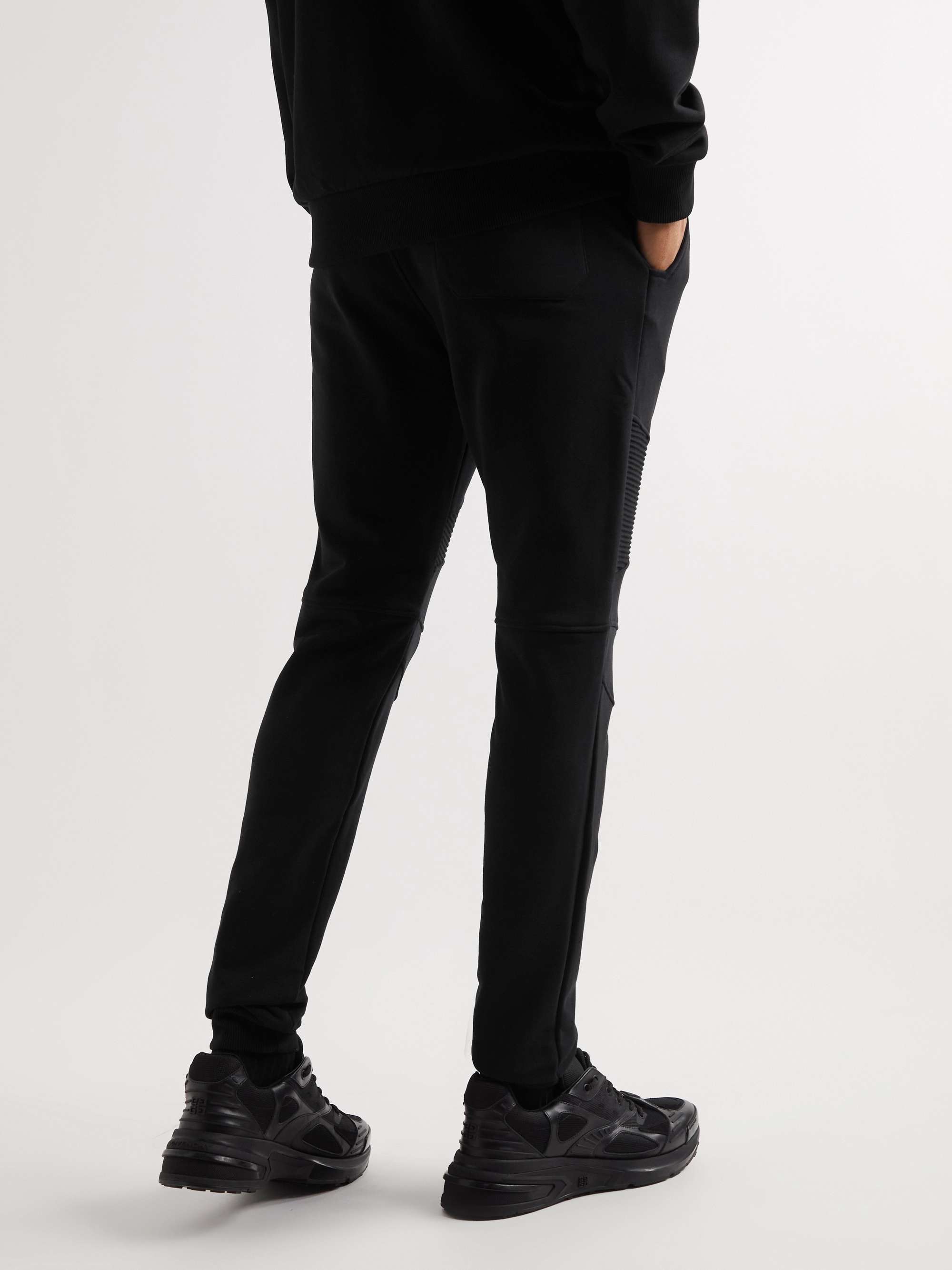 BALMAIN Slim-Fit Tapered Panelled Logo-Flocked Cotton-Jersey Sweatpants