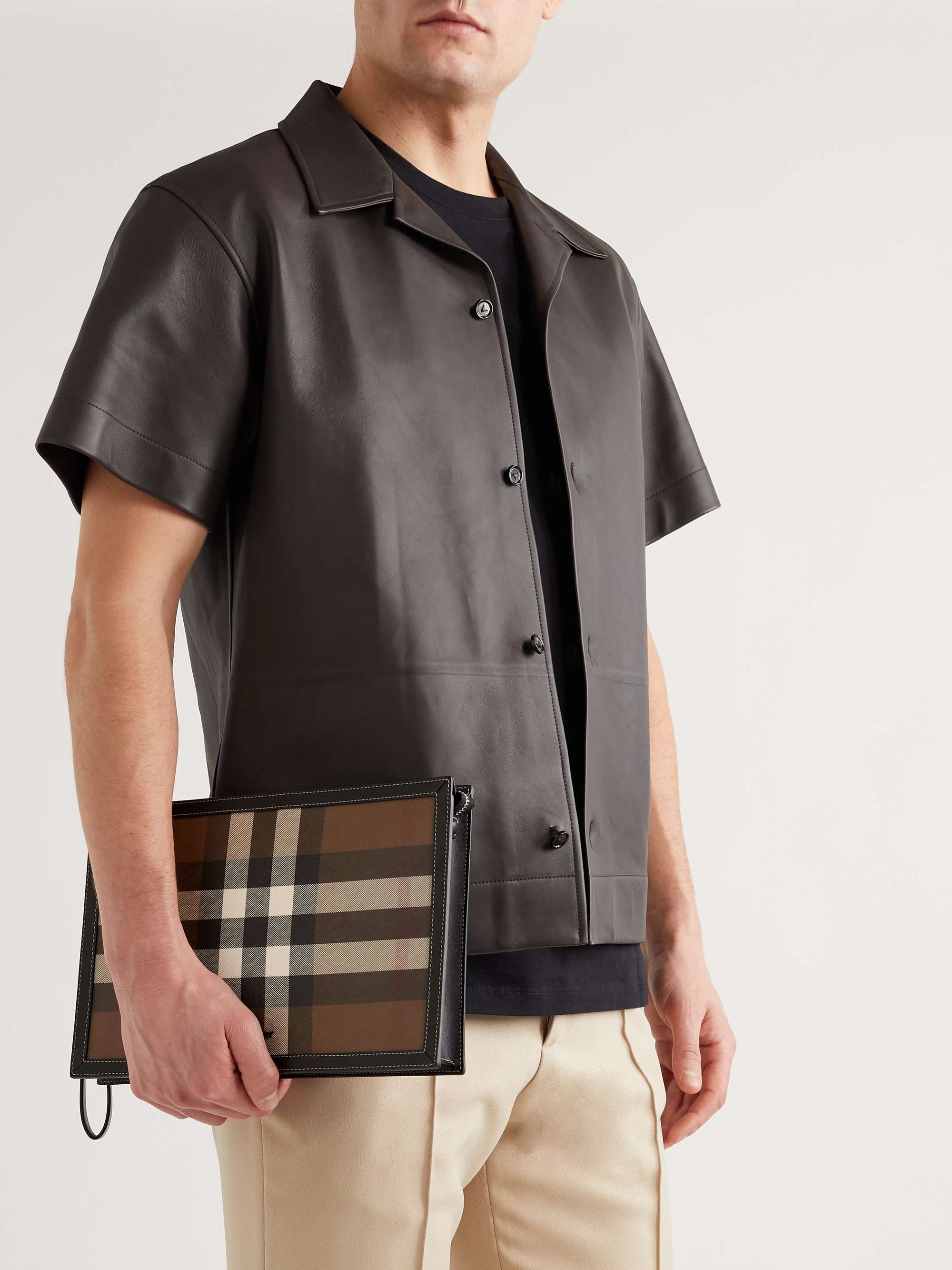 Leather-Trimmed Checked E-Canvas Pouch