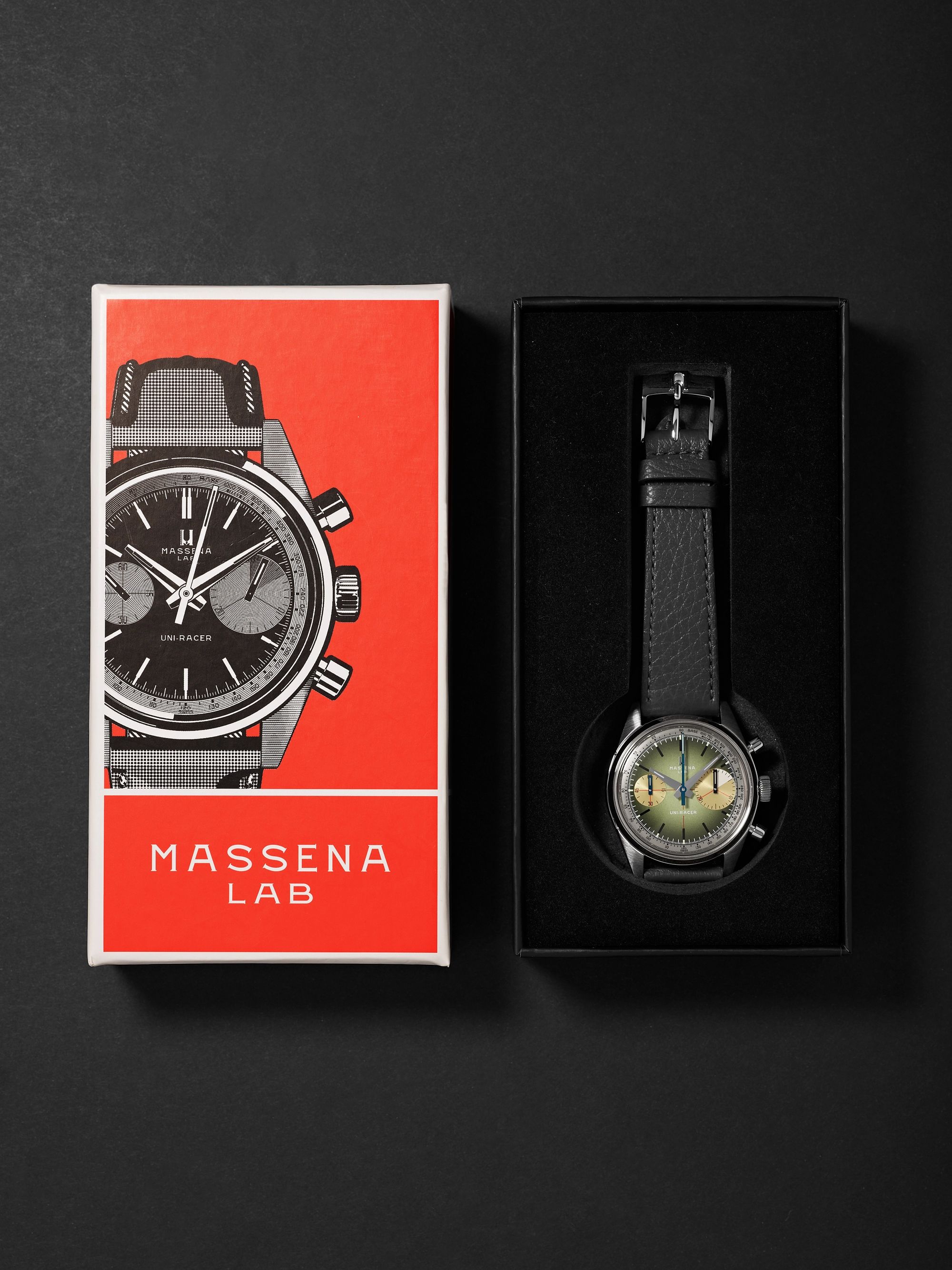 MASSENA LAB Uni-Racer Limited Edition Hand-Wound Chronograph 39mm Stainless Steel and Full-Grain Leather Watch, Ref. No. UR-004-SAF