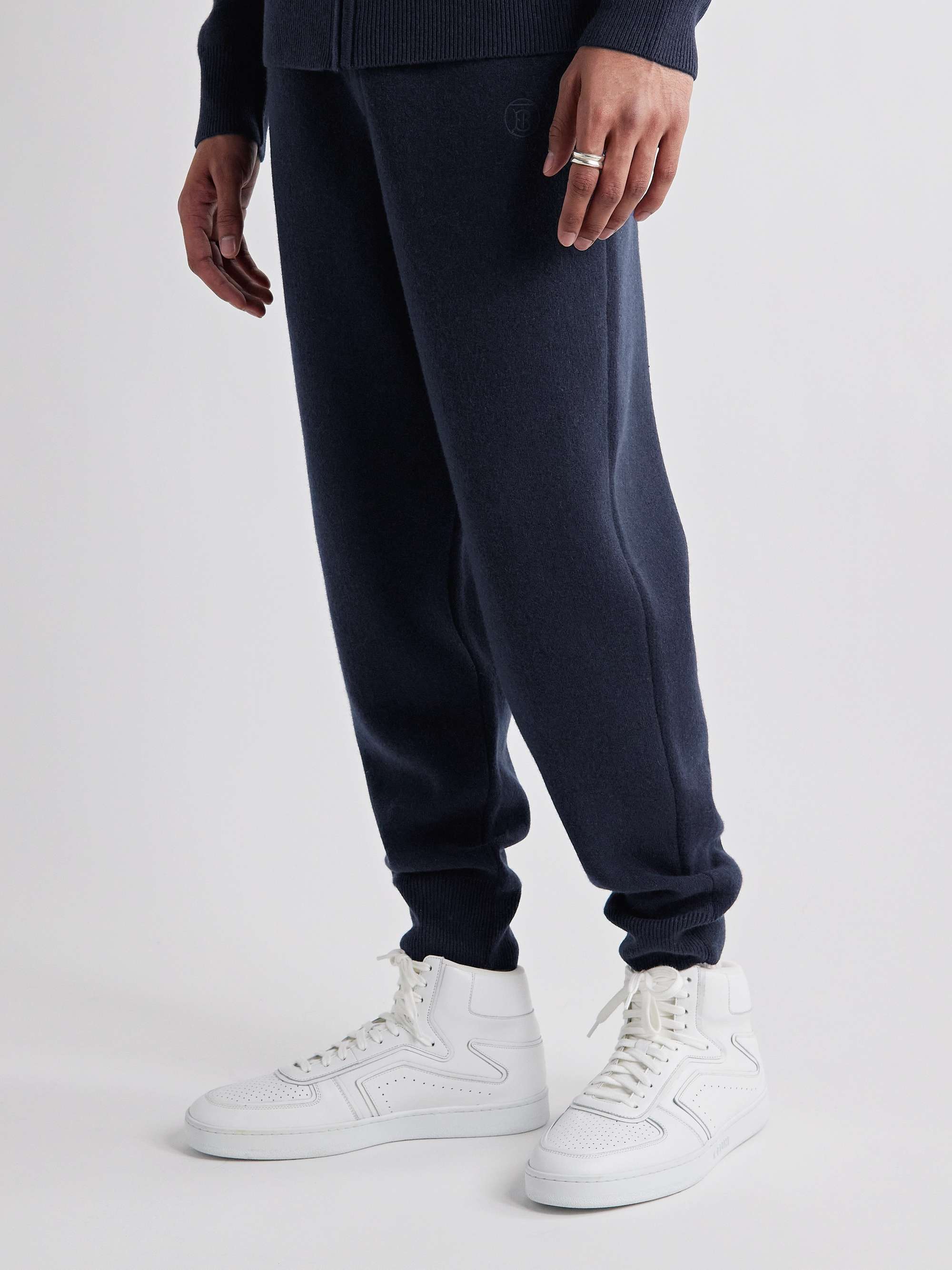 Navy Tapered Logo-Embroidered Cashmere-Blend Sweatpants | BURBERRY 