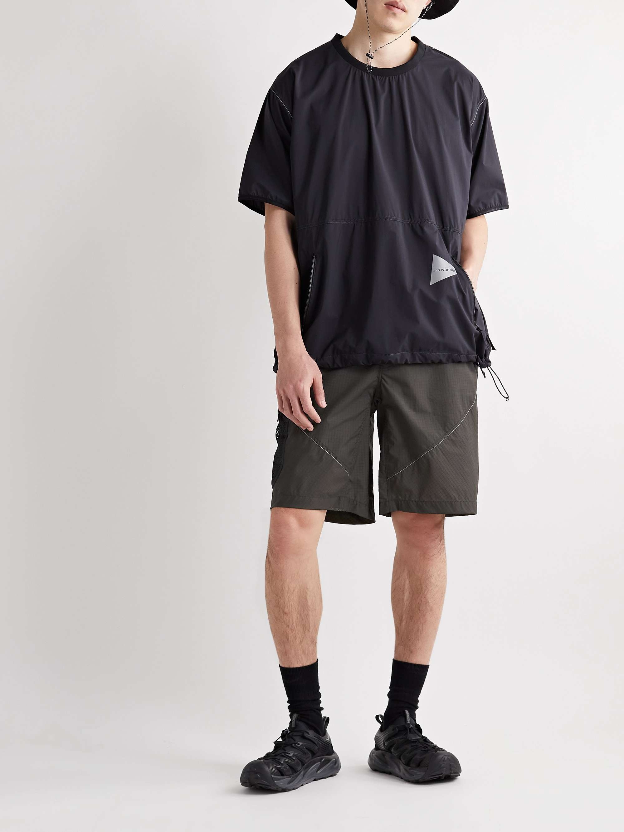 AND WANDER Belted Mesh-Trimmed Nylon-Ripstop Shorts