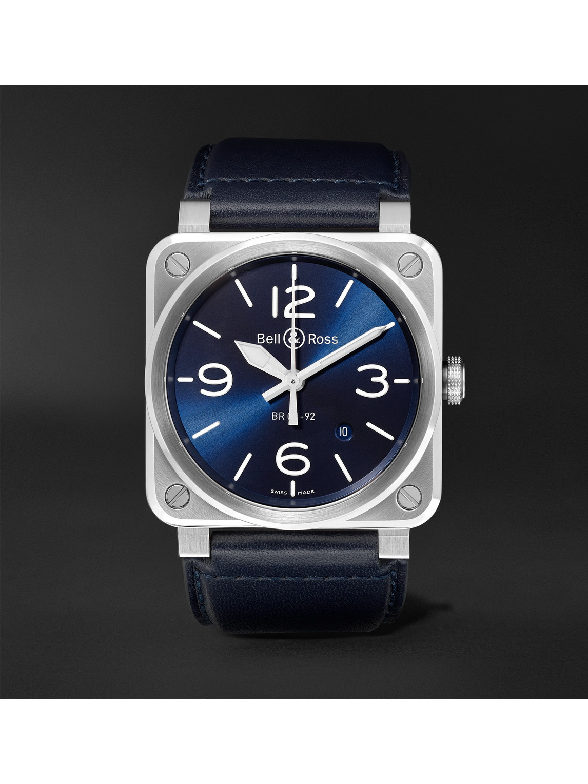 BR 03-92 Blue Steel Automatic 42mm Steel and Leather Watch, Ref. No. BR0392-BLU-ST/SCA