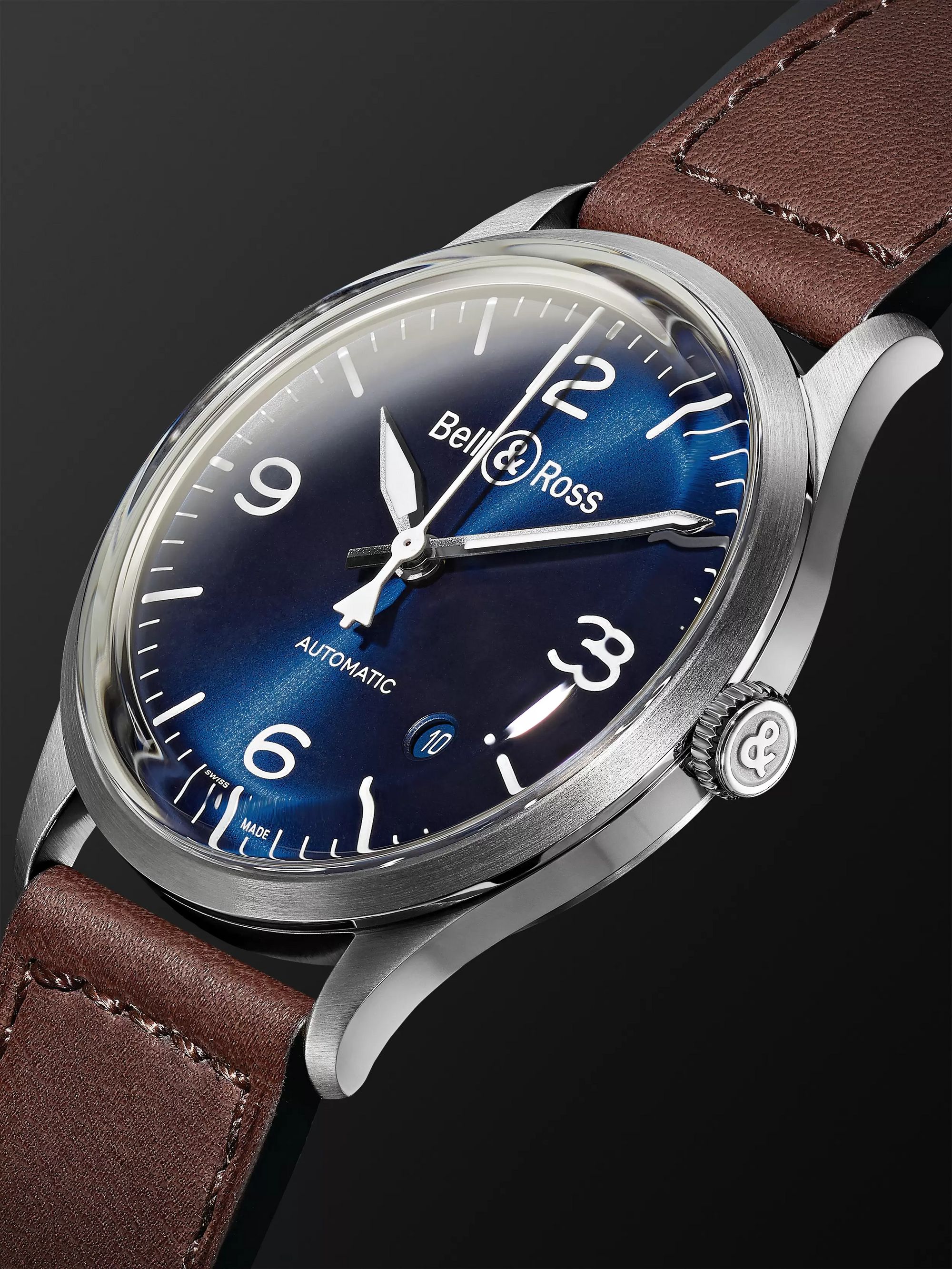 BELL & ROSS BR V1-92 Blue Steel Automatic 38.5mm Steel and Leather Watch, Ref. No. BRV192-BLU-ST/SCA