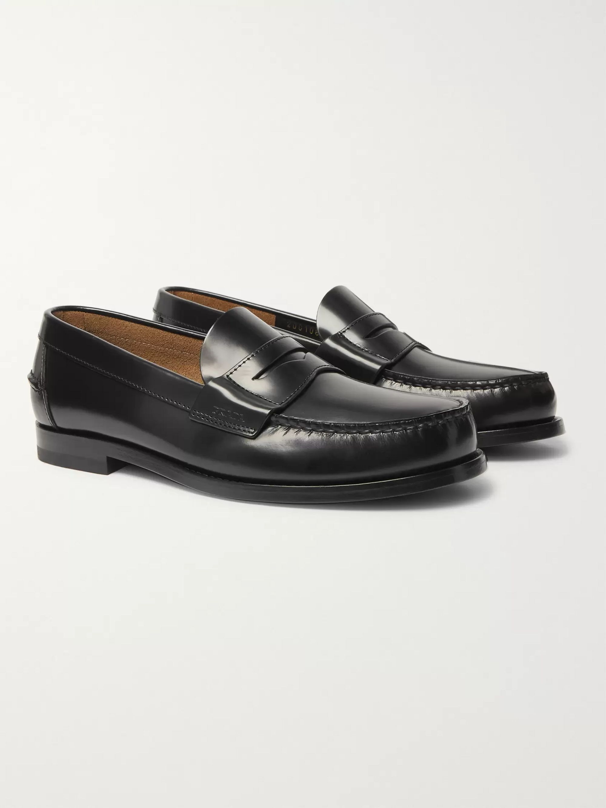 Black Spazzolato Leather Penny Loafers 
