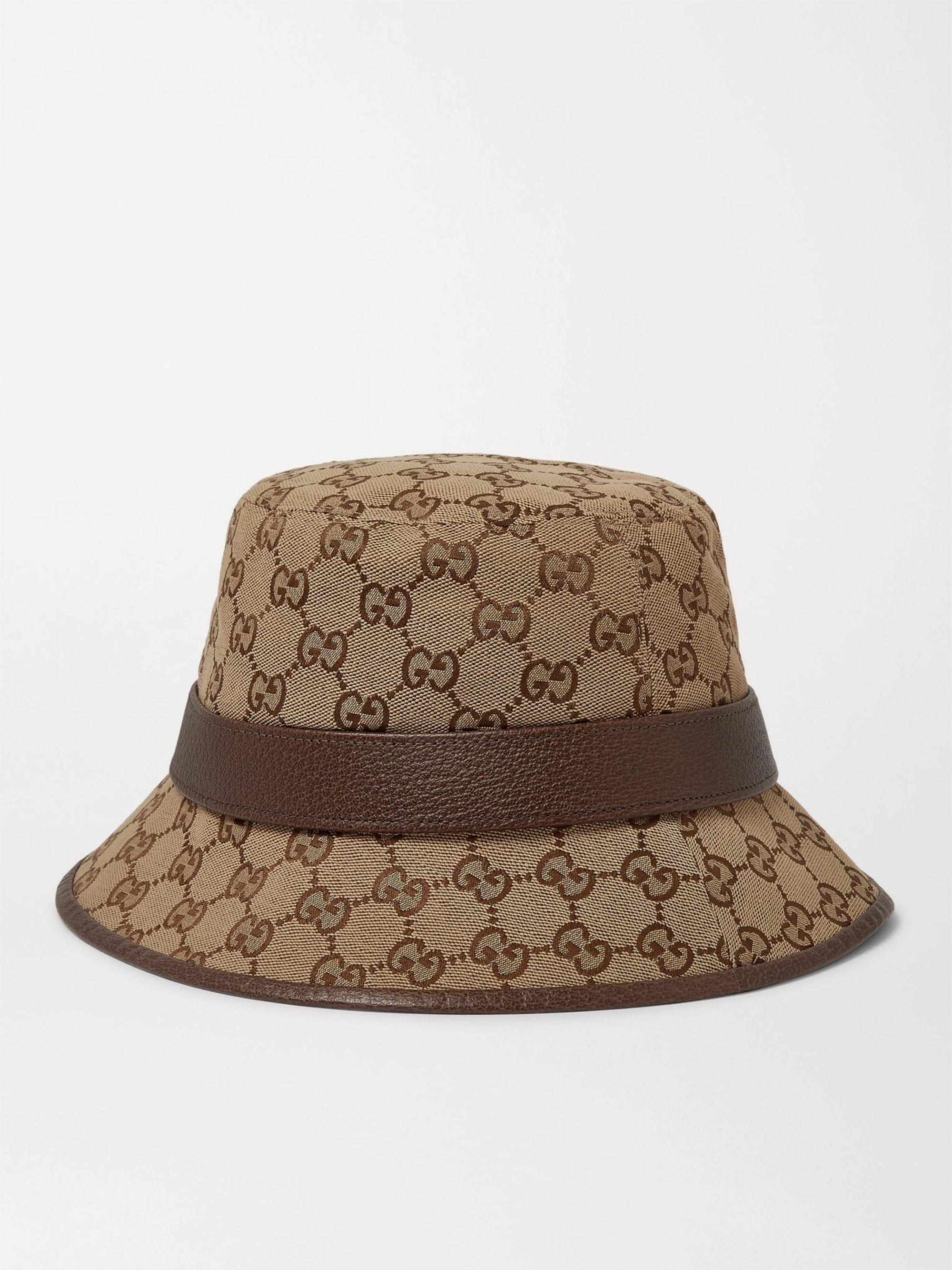 Brown Leather-Trimmed Monogrammed Canvas Bucket Hat | Gucci | MR PORTER