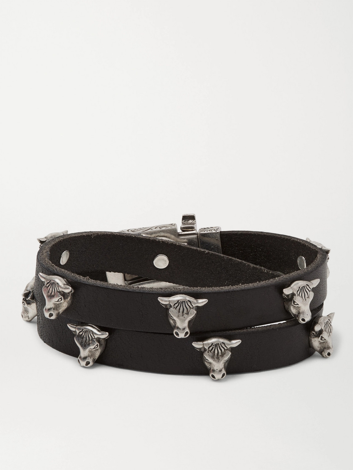 GUCCI LEATHER AND SILVER-TONE WRAP BRACELET