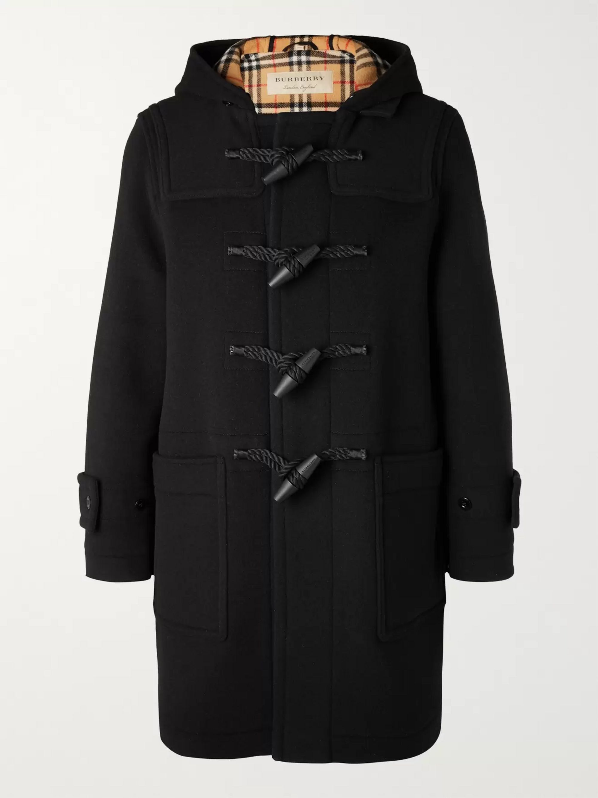 Black Hooded Wool-Blend Duffle Coat 