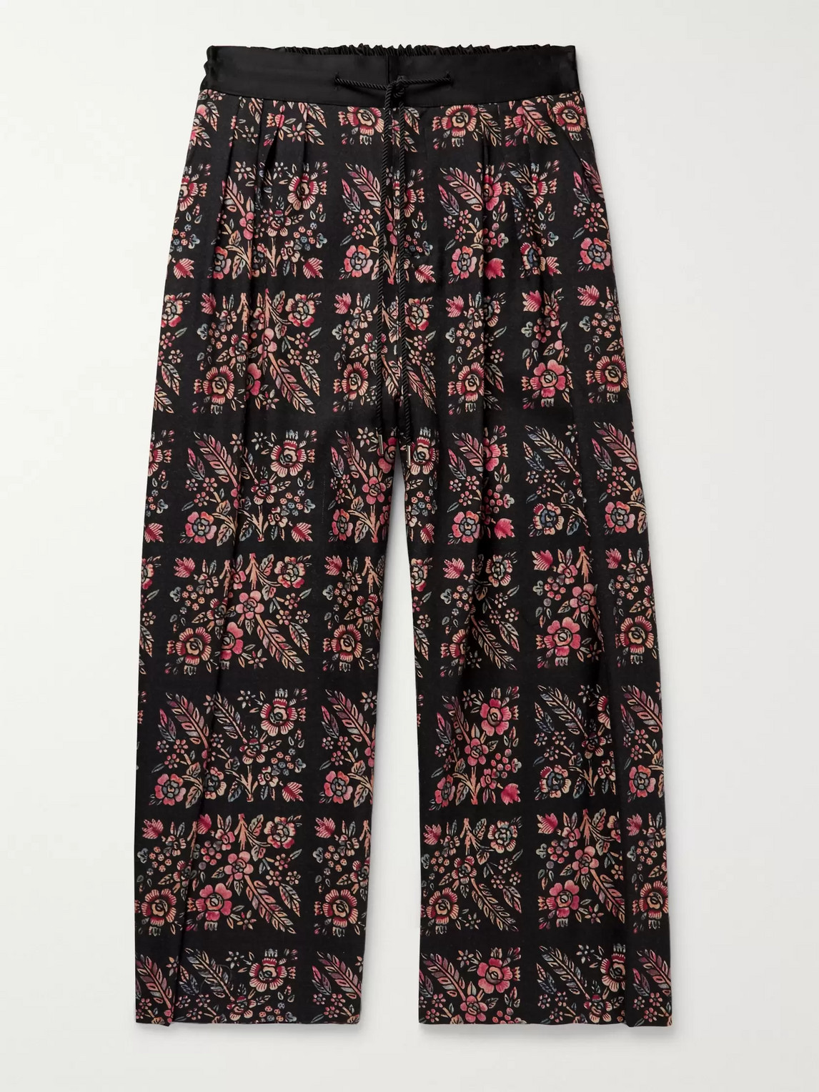 Sasquatchfabrix Pleated Floral-print Wool-twill Drawstring Wide-leg Trousers In Black