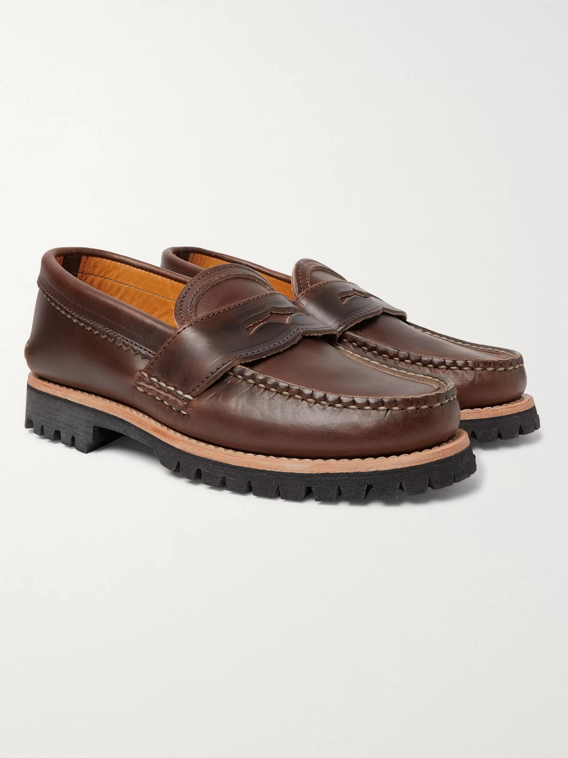 Yuketen Burnished-leather Penny Loafers In Brown
