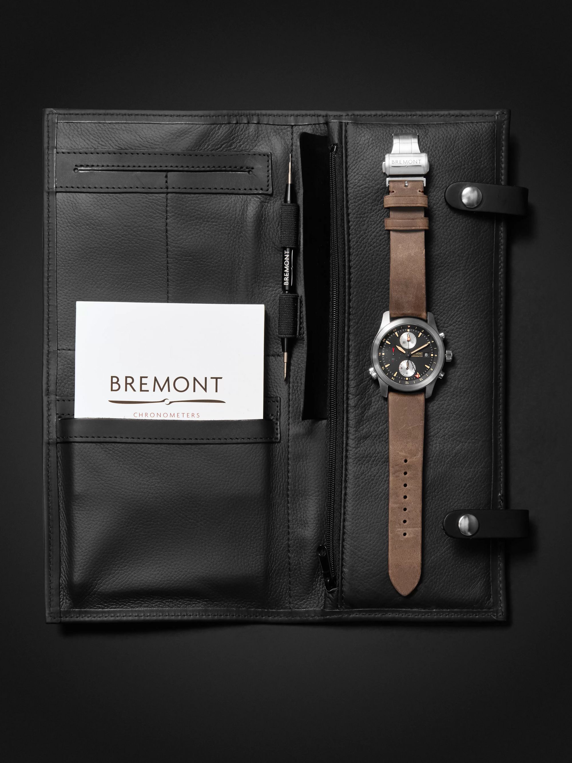 BREMONT ALT1-ZT/51 Automatic GMT Chronograph 43mm Stainless Steel and Leather Watch, Ref. ALT1-ZT-BK-R-S