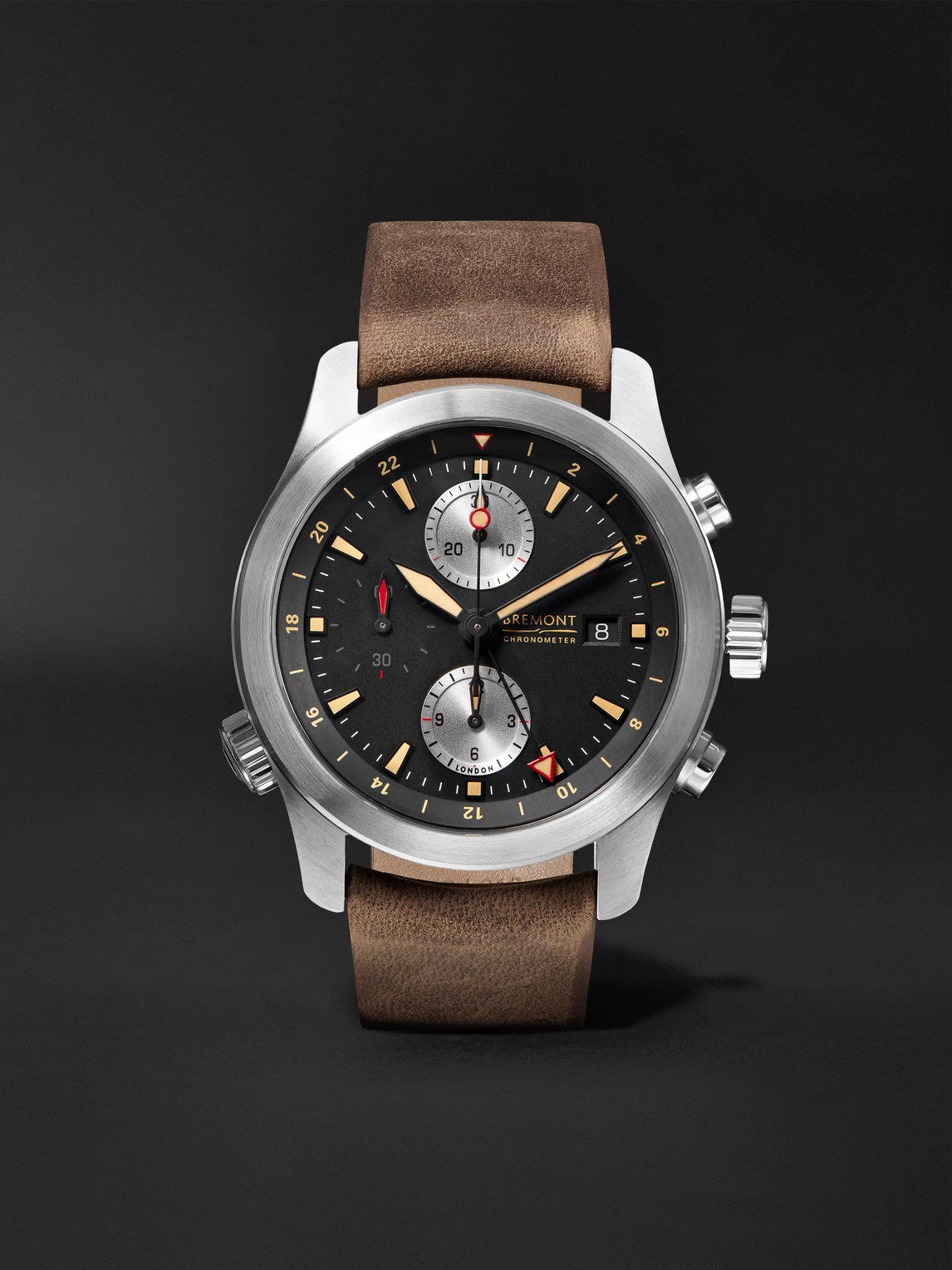 BREMONT ALT1-ZT/51 AUTOMATIC GMT CHRONOGRAPH 43MM STAINLESS STEEL AND LEATHER WATCH, REF. ALT1-ZT-BK-R-S