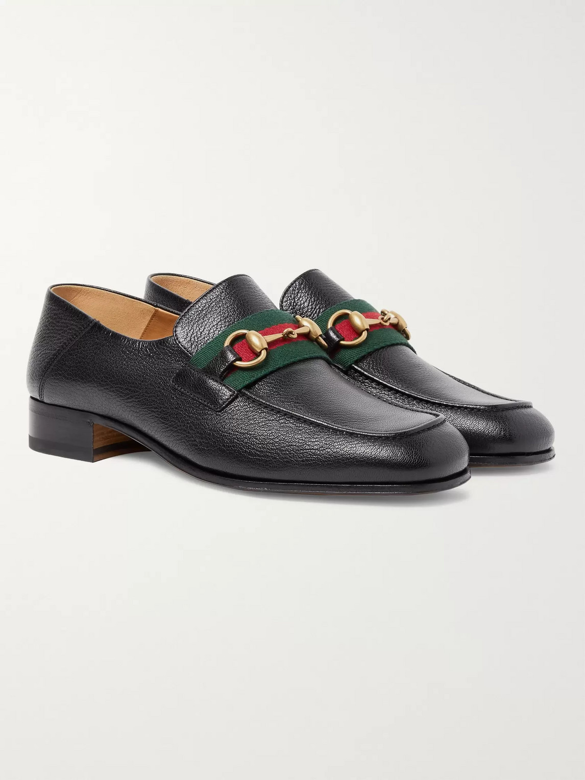 Gucci Bonny Horsebit Collapsible-heel Webbing-trimmed Full-grain Leather Loafers In Black